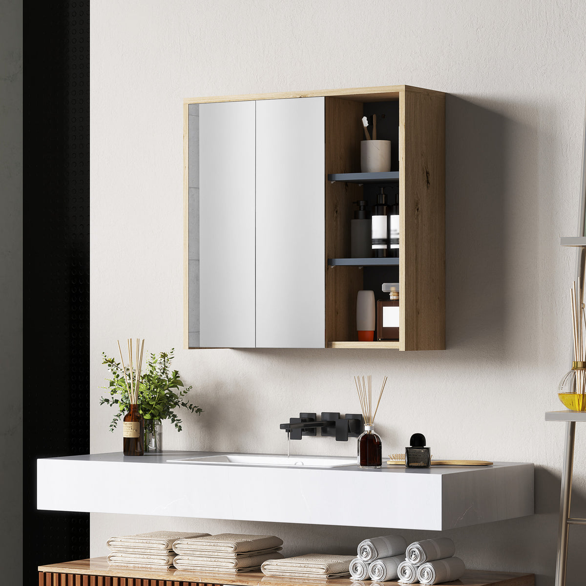 Bathroom Medicine Cabinet with Mirror, Wall Mount Mirror Cabinet with Open Shelves, 2 Soft-Close Doors, Bathroom Storage Organizer, Natural