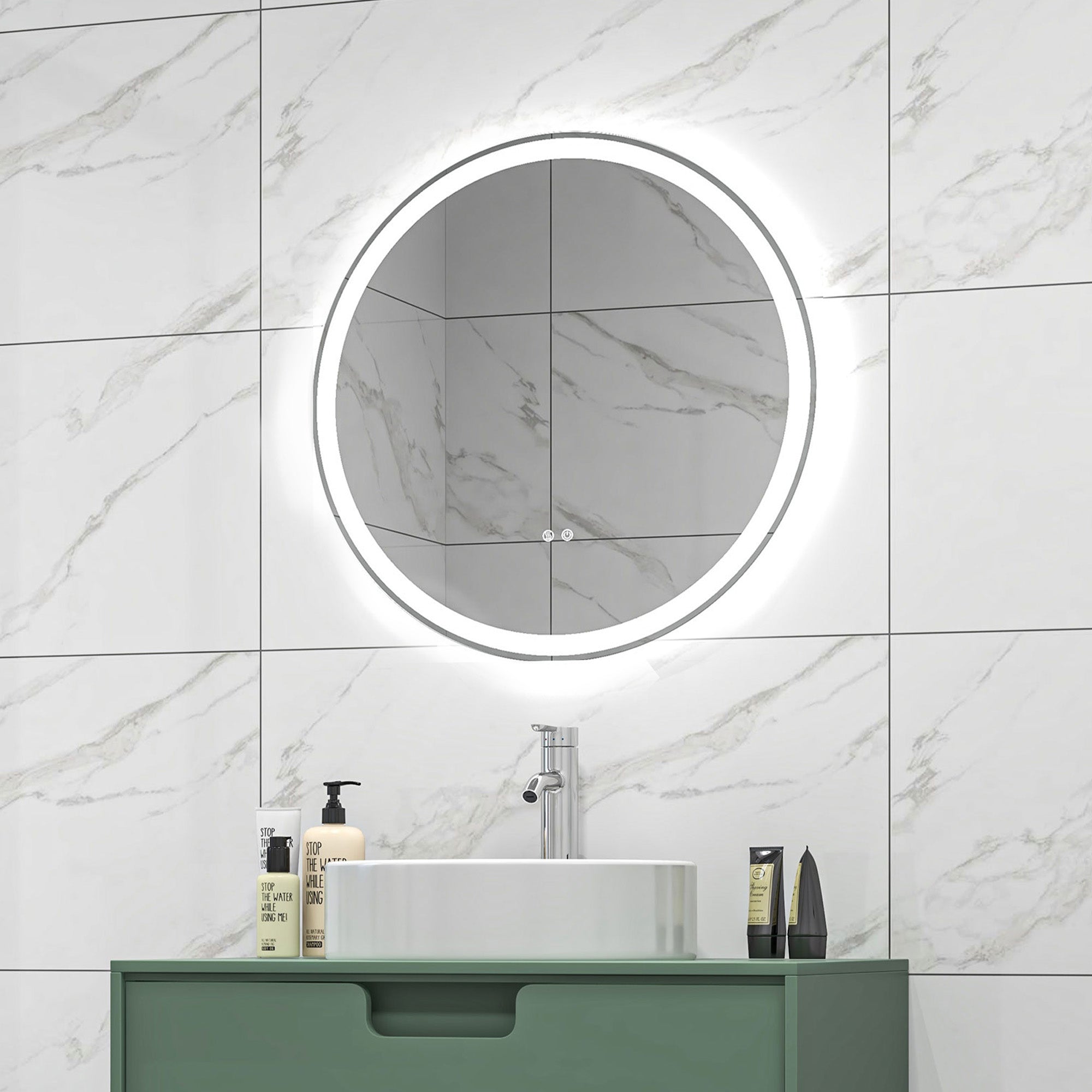 kleankin Round Bathroom Mirror with LED Lights, Wall Mount Dimmable Makeup Mirror with 3 Temperature Colours, Defogging Film and Memory Function, Frameless, Hardwired, 60 x 60 cm