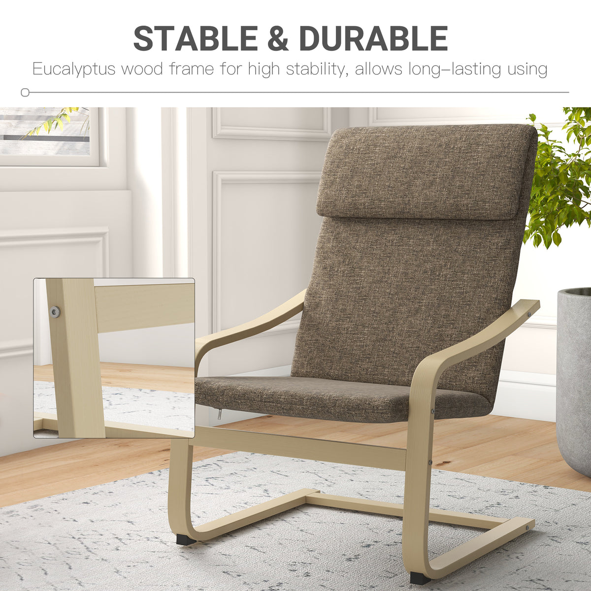 Modern Accent Chair, Linen-Feel Upholstered Living Room Chair with Wood Curved Legs and Wide Padded Seat for Balcony, Dark Brown