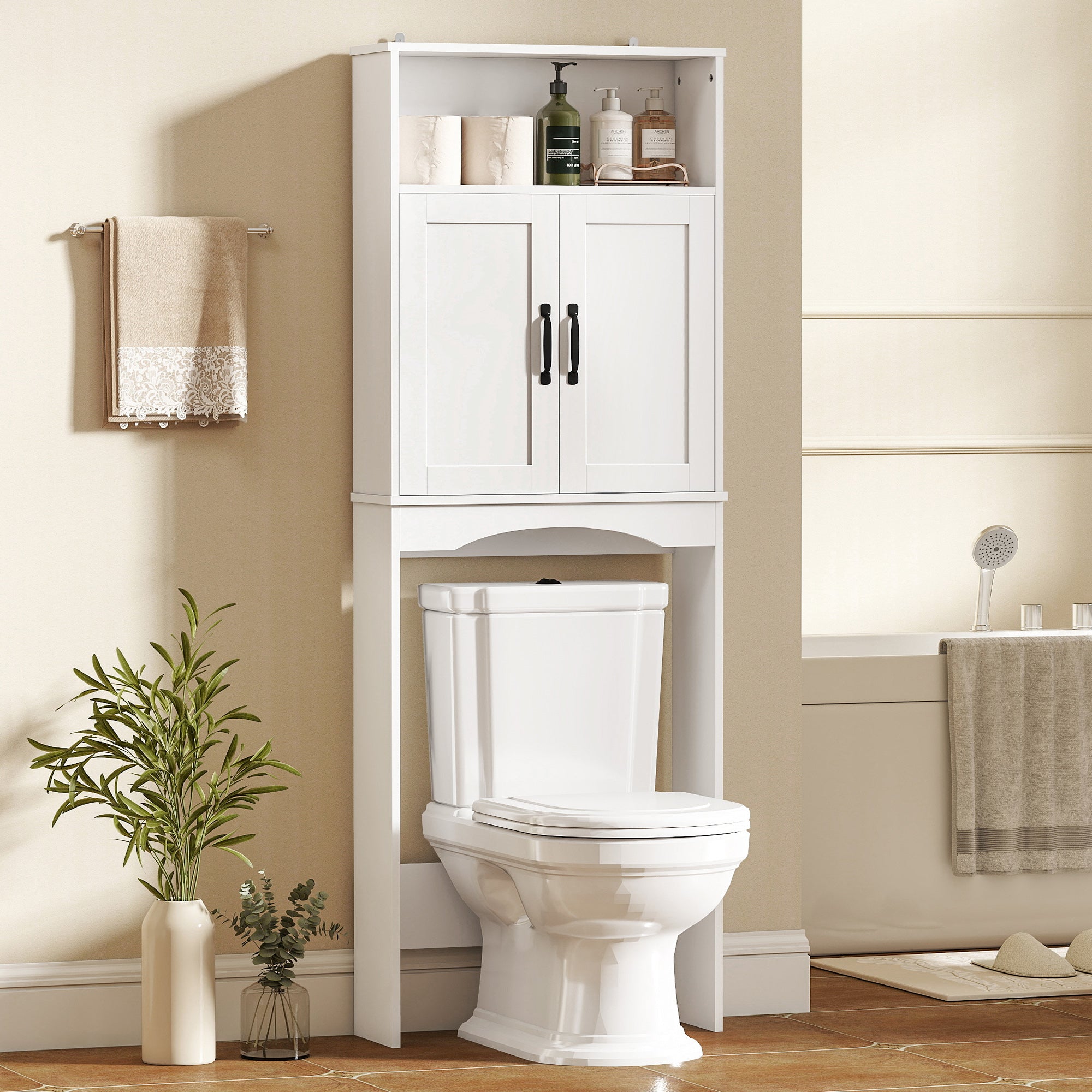 Over the Toilet Storage Cabinet, Over Toilet Bathroom Organizer with 2 Doors and Open Shelf, Freestanding Above Restroom Space Saver for Bathroom, Laundry, Restroom, White