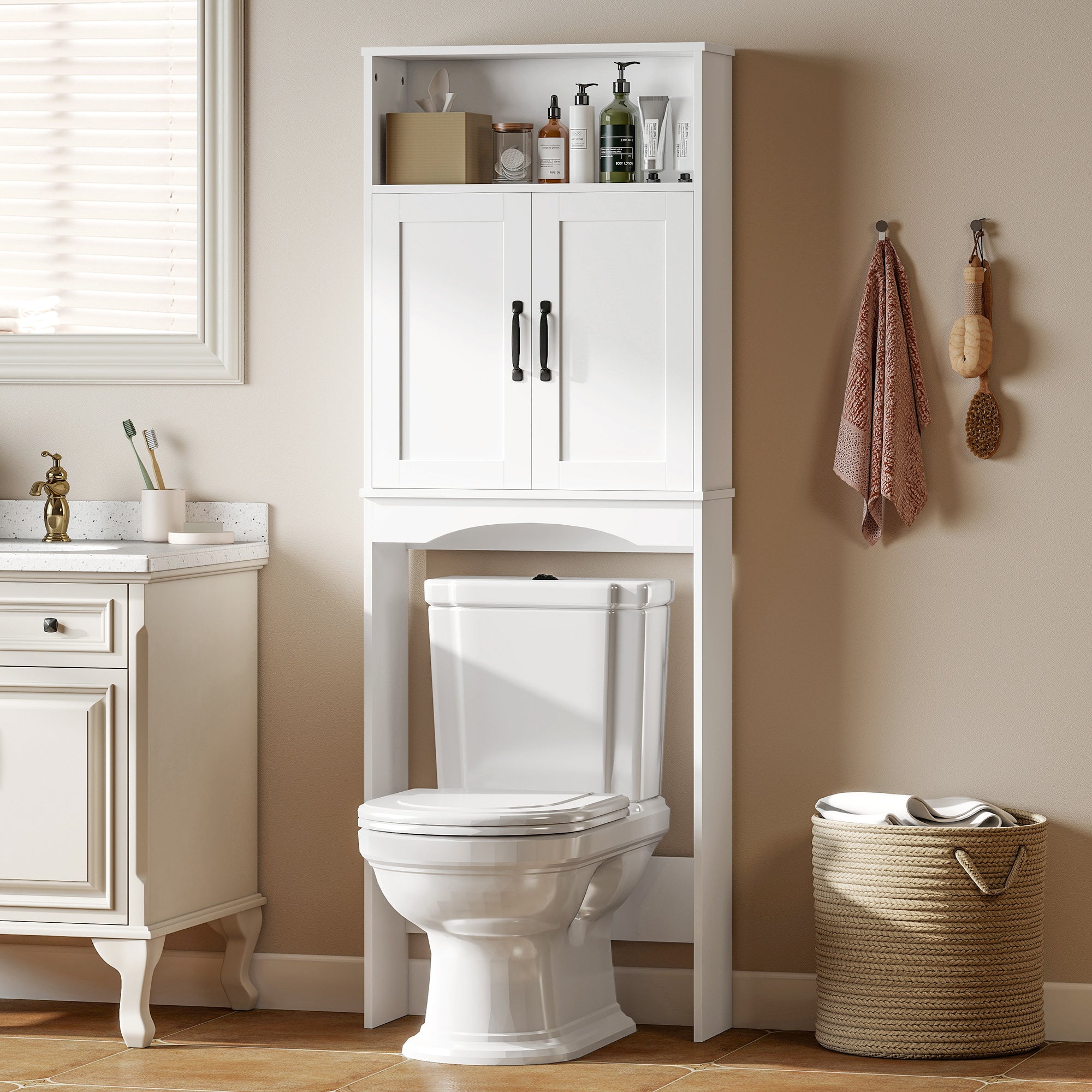 Over the Toilet Storage Cabinet, Over Toilet Bathroom Organizer with 2 Doors and Open Shelf, Freestanding Above Restroom Space Saver for Bathroom, Laundry, Restroom, White