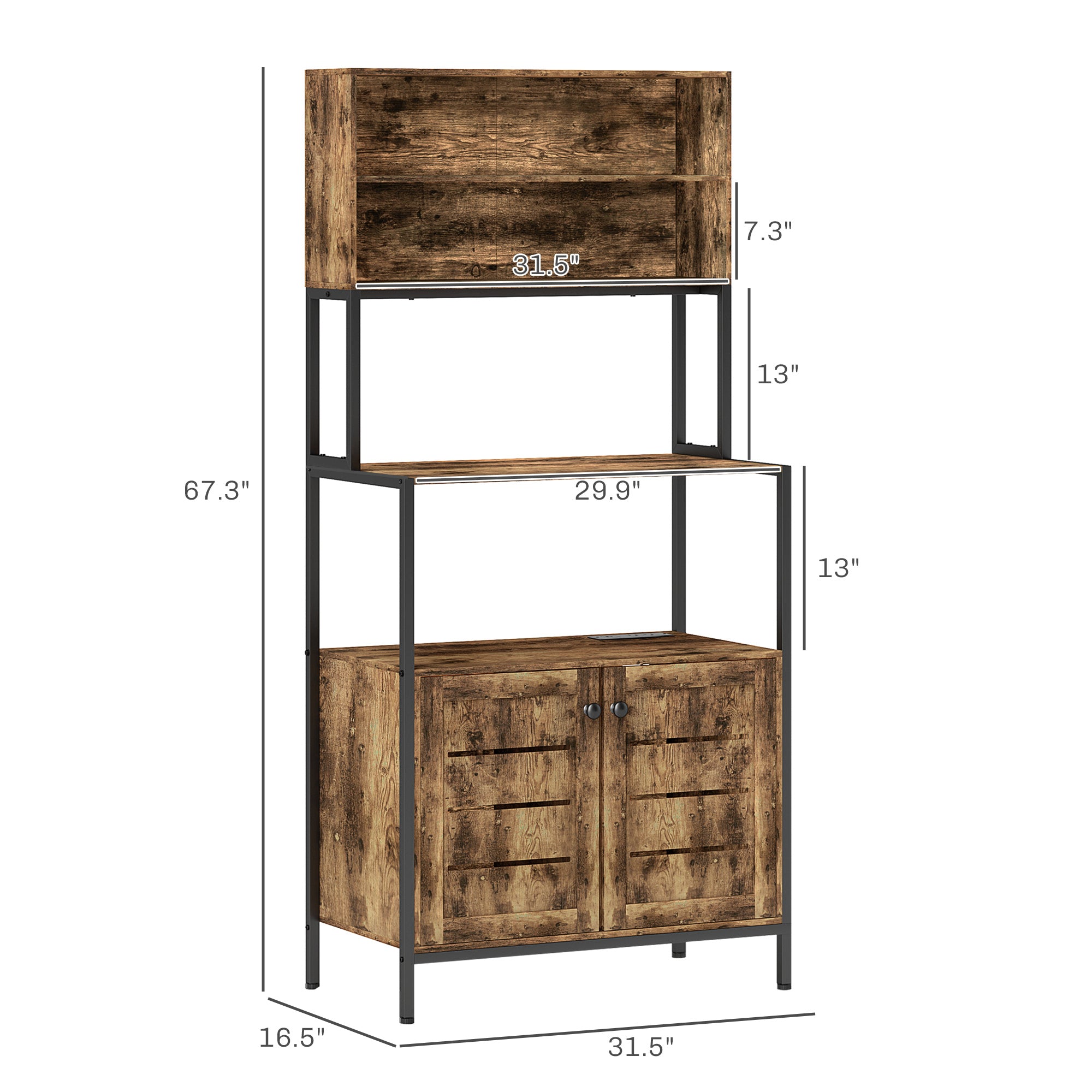 HOMCOM Kitchen Bakers Rack with Power Outlet, Coffee Bar Cabinet with Storage Shelves, Microwave Stand with Louvred Door Cabinets, Rustic Brown
