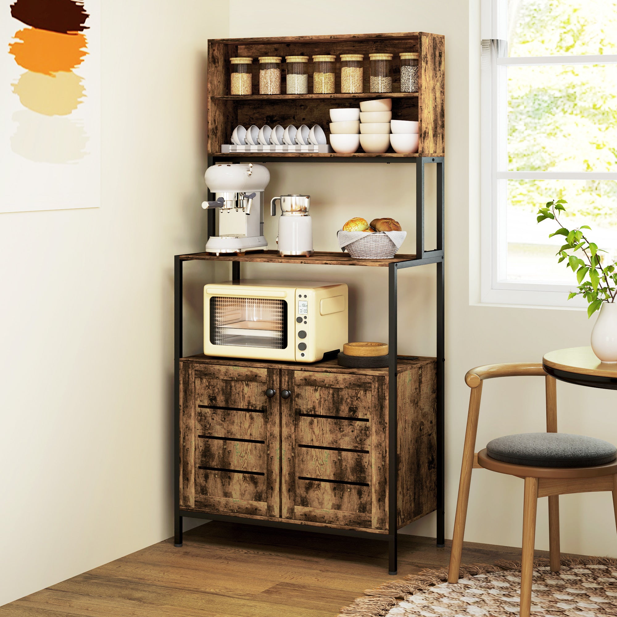 HOMCOM Kitchen Bakers Rack with Power Outlet, Coffee Bar Cabinet with Storage Shelves, Microwave Stand with Louvred Door Cabinets, Rustic Brown