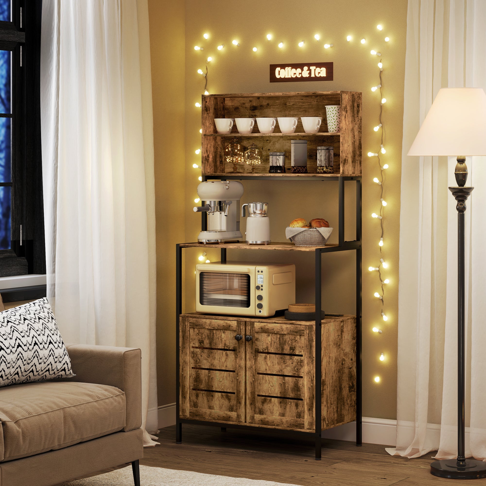 HOMCOM Kitchen Bakers Rack with Power Outlet, Coffee Bar Cabinet with Storage Shelves, Microwave Stand with Louvred Door Cabinets, Rustic Brown