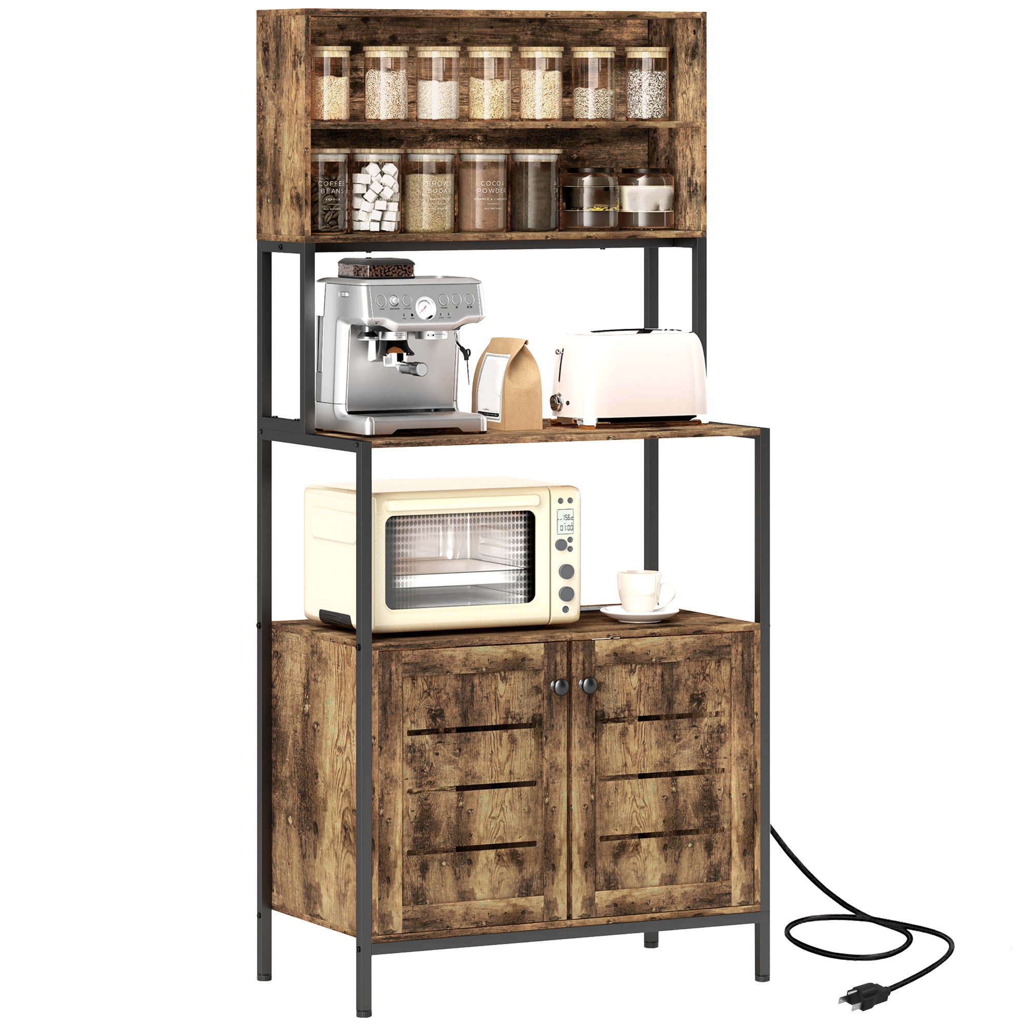 HOMCOM Kitchen Bakers Rack with Power Outlet, Coffee Bar Cabinet with Storage Shelves, Microwave Stand with Louvred Door Cabinets, Rustic Brown