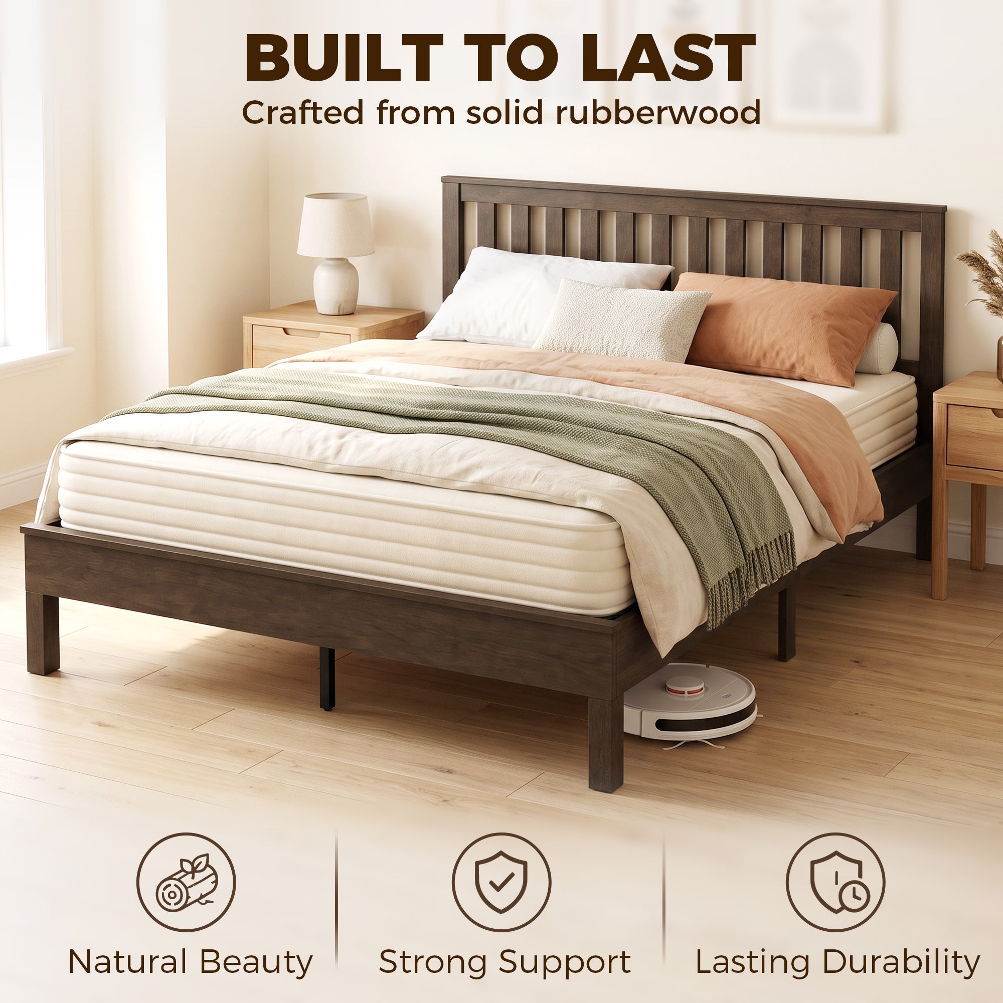 Queen Size Wood Platform Bed Frame with Headboard and Footboard, Mid-Century Bed Frame with Slat Support, Mattress Foundation with Under-Bed Storage, No Box Spring Needed, Easy Assembly, Walnut