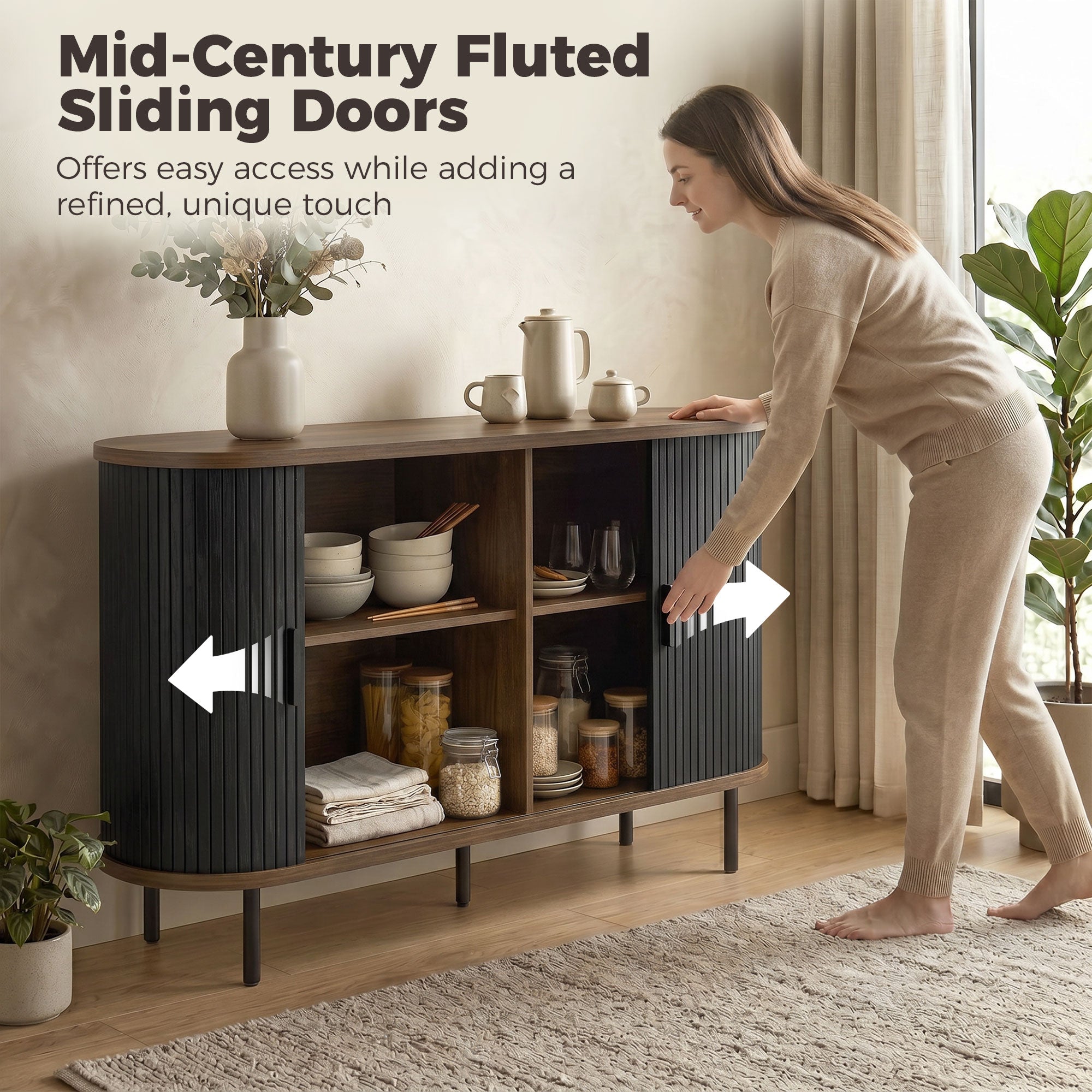 Fluted Sideboard Buffet Cabinet, 55" Mid Century Coffee Bar Cabinet with Sliding Doors, Kitchen Credenza with Adjustable Shelves, Black Wood Grain