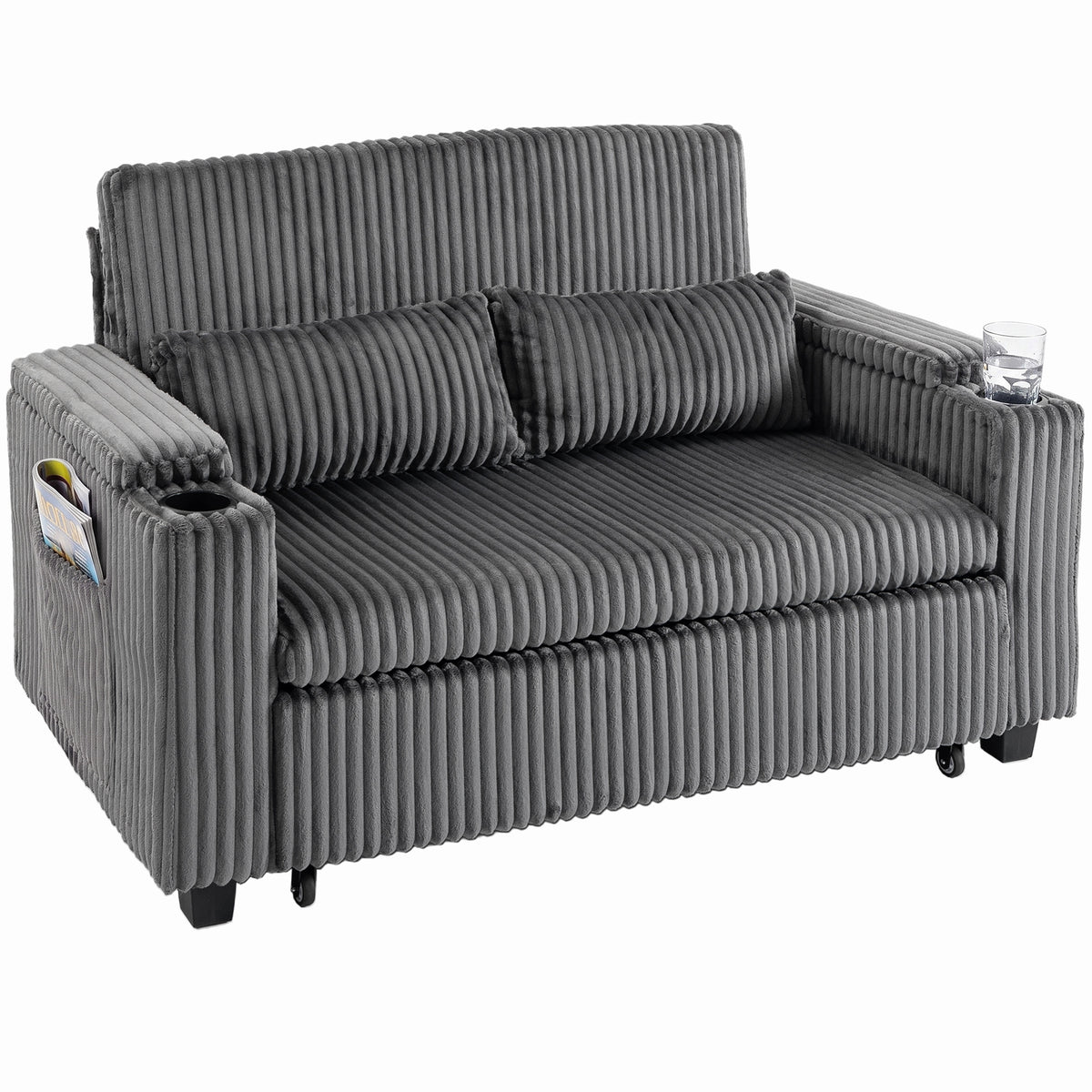 2 Seater Sofa Bed, 3-in-1 Convertible Pull Out Sleeper Sofa, Corduroy Loveseat Bed Settee with Adjustable Backrest, Storage Armrests, Cup Holders, Side Pockets for Living Room, Dark Grey
