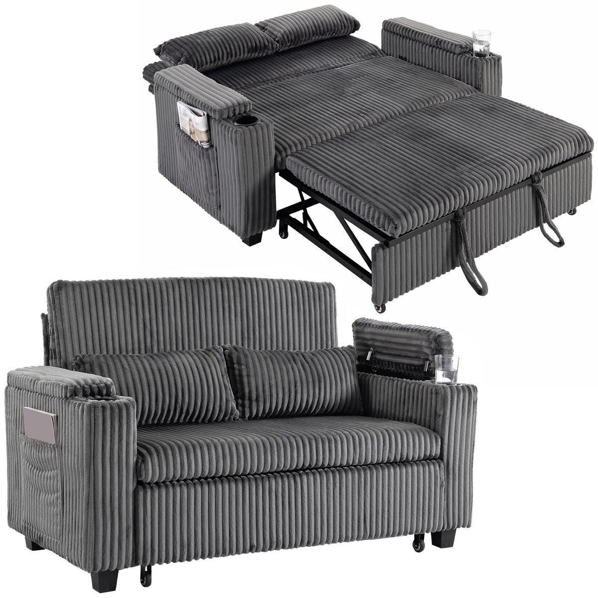 2 Seater Sofa Bed, 3-in-1 Convertible Pull Out Sleeper Sofa, Corduroy Loveseat Bed Settee with Adjustable Backrest, Storage Armrests, Cup Holders, Side Pockets for Living Room, Dark Grey