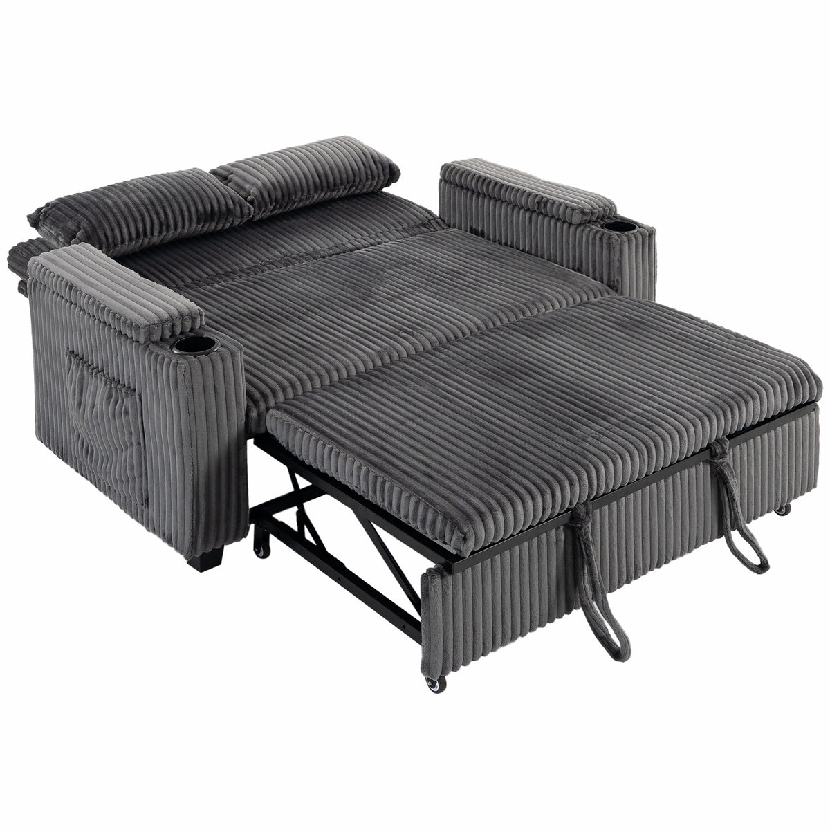 2 Seater Sofa Bed, 3-in-1 Convertible Pull Out Sleeper Sofa, Corduroy Loveseat Bed Settee with Adjustable Backrest, Storage Armrests, Cup Holders, Side Pockets for Living Room, Dark Grey