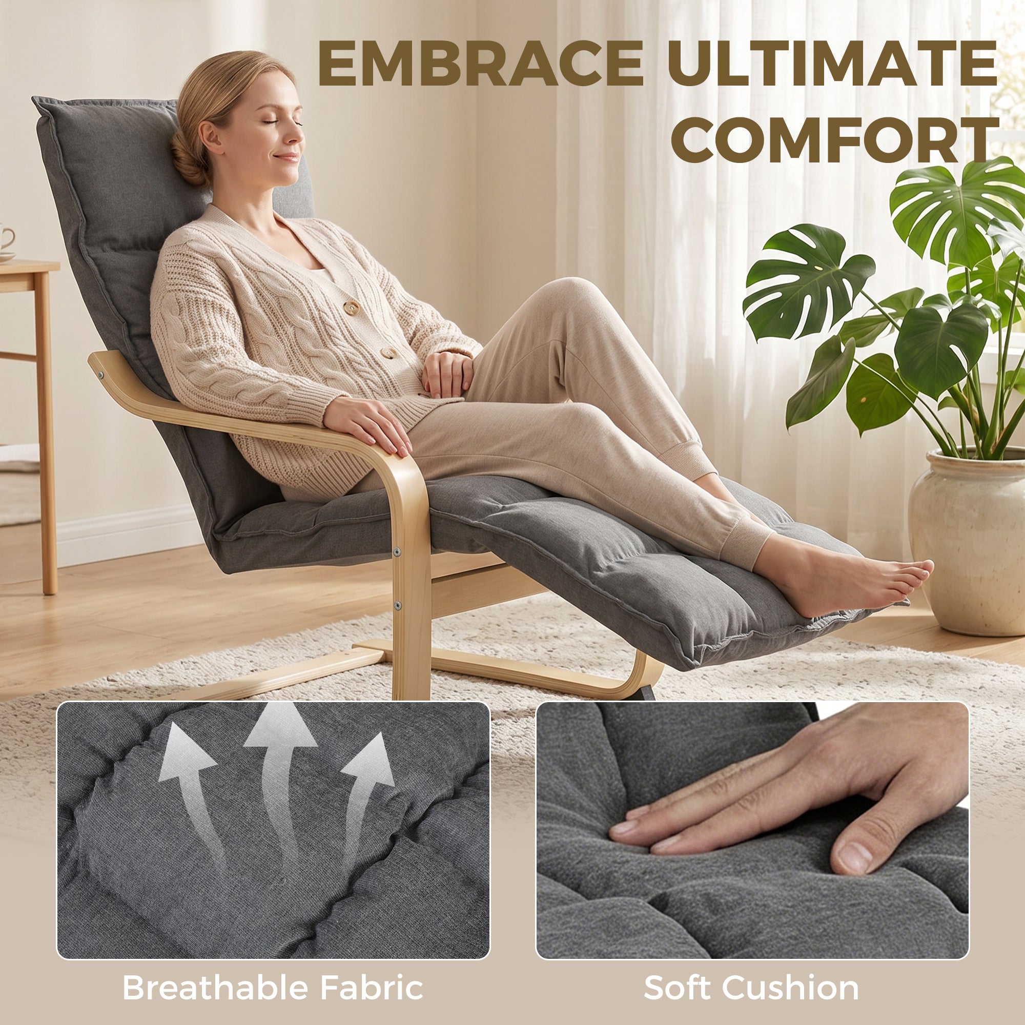 Accent Chair, Linen-Look Fabric Armchair with Footrest, Plush Cushion, High Back, Wide Seat, Curved Legs and Arms, Gentle Motion, Leisure Lounge Chair for Living Room, Bedroom, Grey