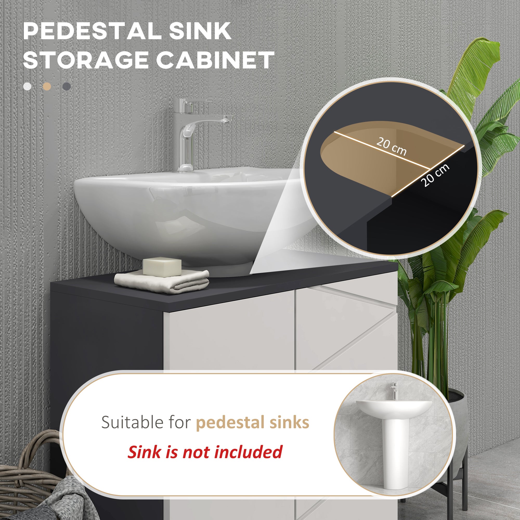 kleankin Pedestal Sink Bathroom Cabinet, Bathroom Vanity Unit with 20 x 20cm "U" Cut-Out and Adjustable Shelf, Light Grey