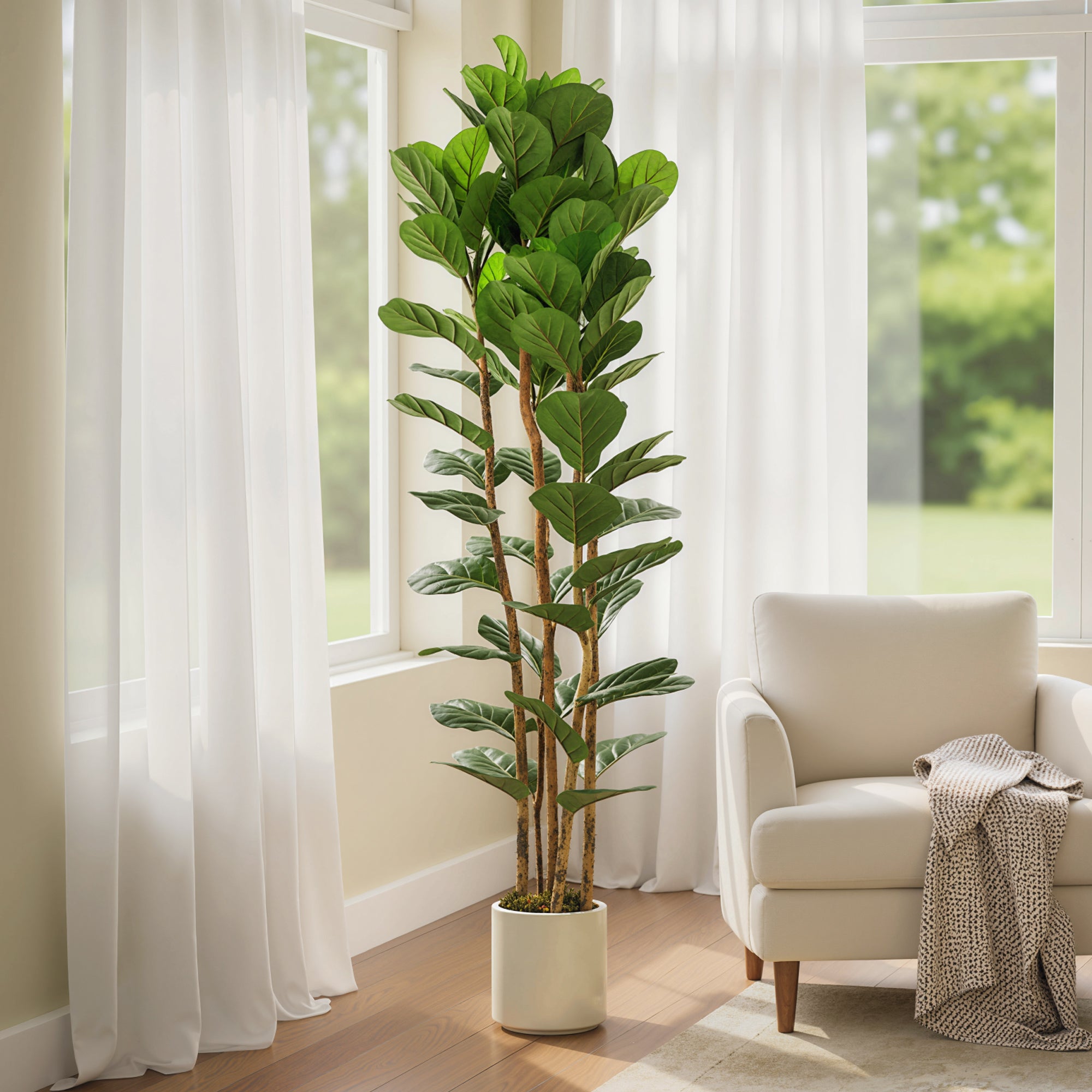 6FT Artificial Fiddle Leaf Fig Tree with Solid Wood Trunks, Lifelike Fake Tree with 91 Leaves in Pot for Indoor Living Room Office Home Decor, Green
