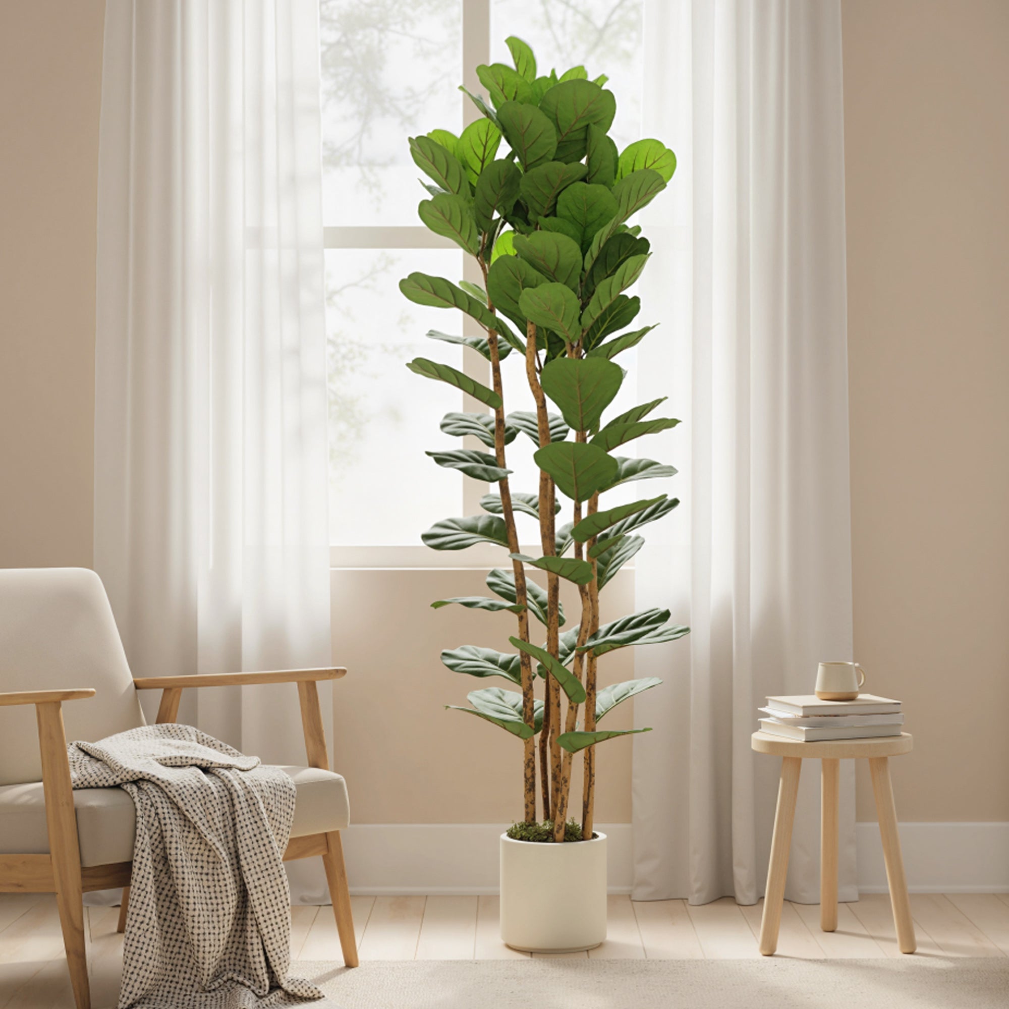 6FT Artificial Fiddle Leaf Fig Tree with Solid Wood Trunks, Lifelike Fake Tree with 91 Leaves in Pot for Indoor Living Room Office Home Decor, Green