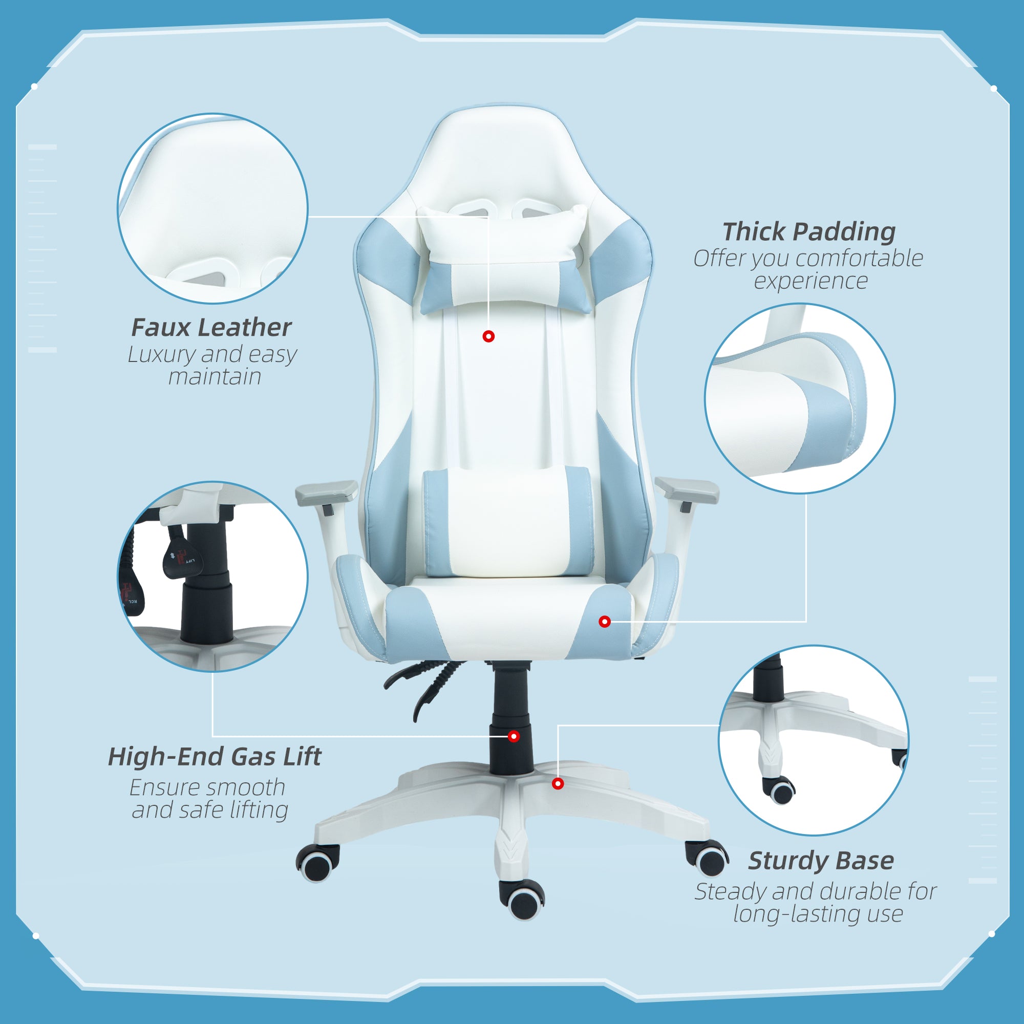 HOMCOM Gaming Chair, Racing Gamer Chair, Reclining Faux Leather Computer Chair with Headrest, Lumber Support, 3D Armrests, Adjustable Height, Swivel Wheels for Home Office, Light Blue