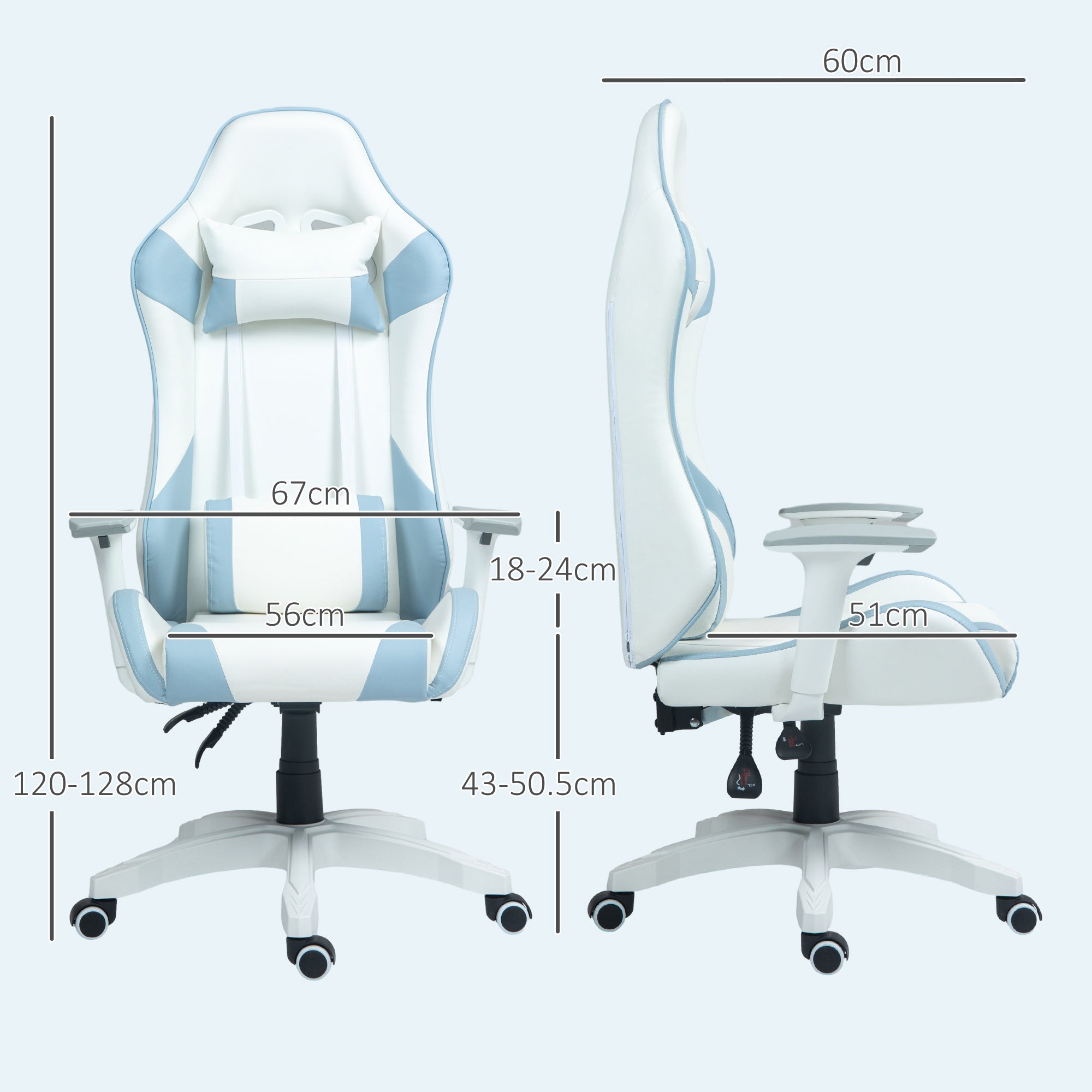 HOMCOM Gaming Chair, Racing Gamer Chair, Reclining Faux Leather Computer Chair with Headrest, Lumber Support, 3D Armrests, Adjustable Height, Swivel Wheels for Home Office, Light Blue