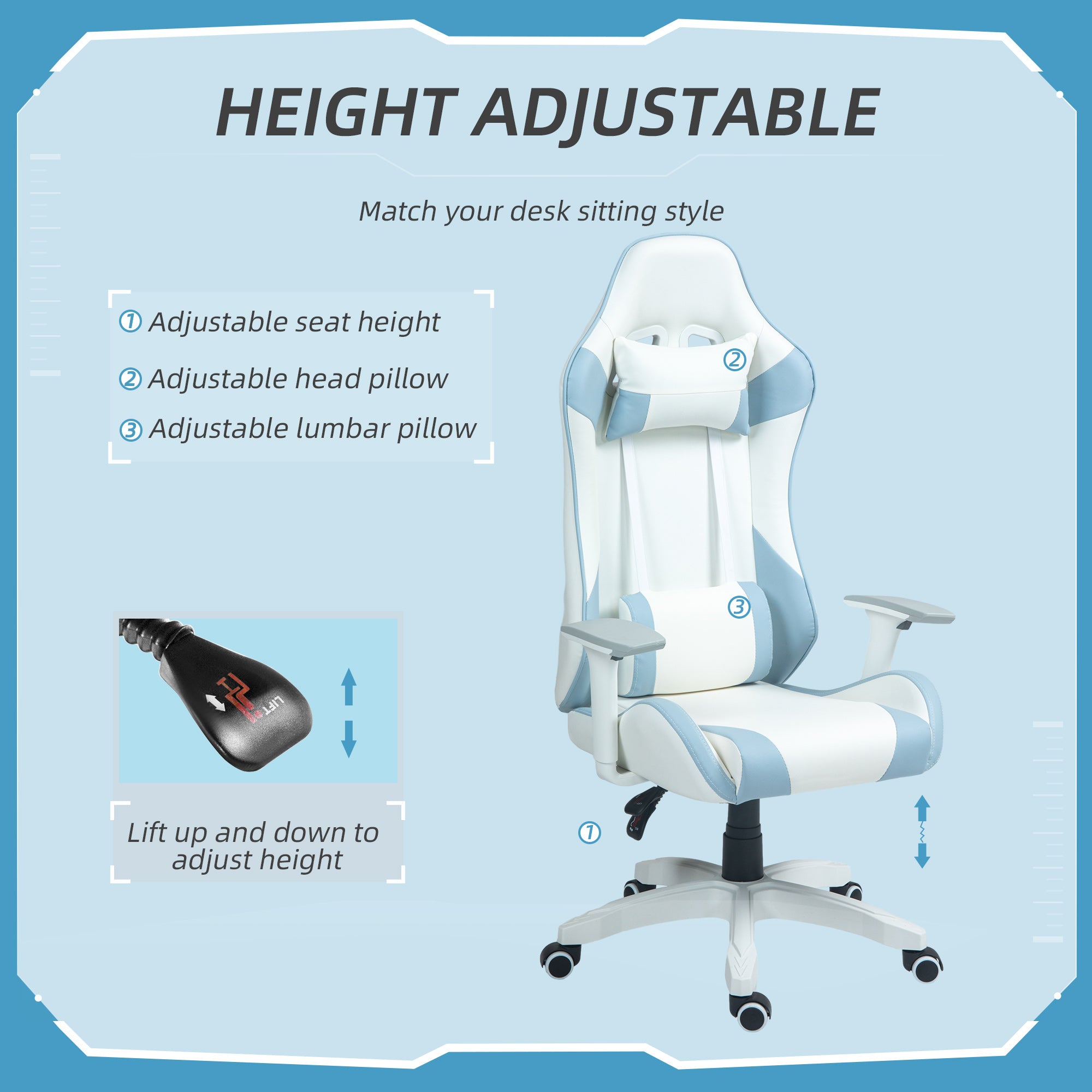 HOMCOM Gaming Chair, Racing Gamer Chair, Reclining Faux Leather Computer Chair with Headrest, Lumber Support, 3D Armrests, Adjustable Height, Swivel Wheels for Home Office, Light Blue