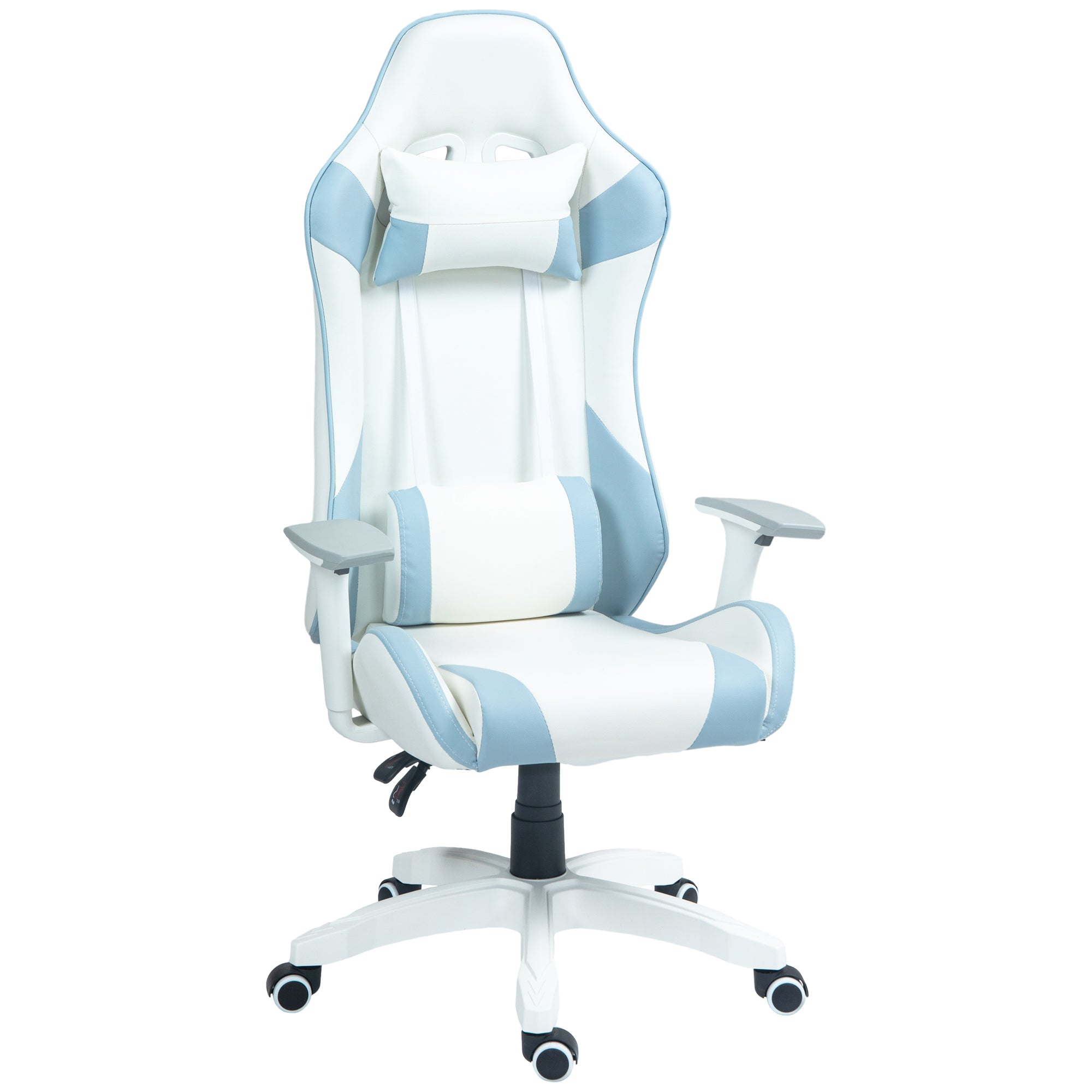 HOMCOM Gaming Chair, Racing Gamer Chair, Reclining Faux Leather Computer Chair with Headrest, Lumber Support, 3D Armrests, Adjustable Height, Swivel Wheels for Home Office, Light Blue