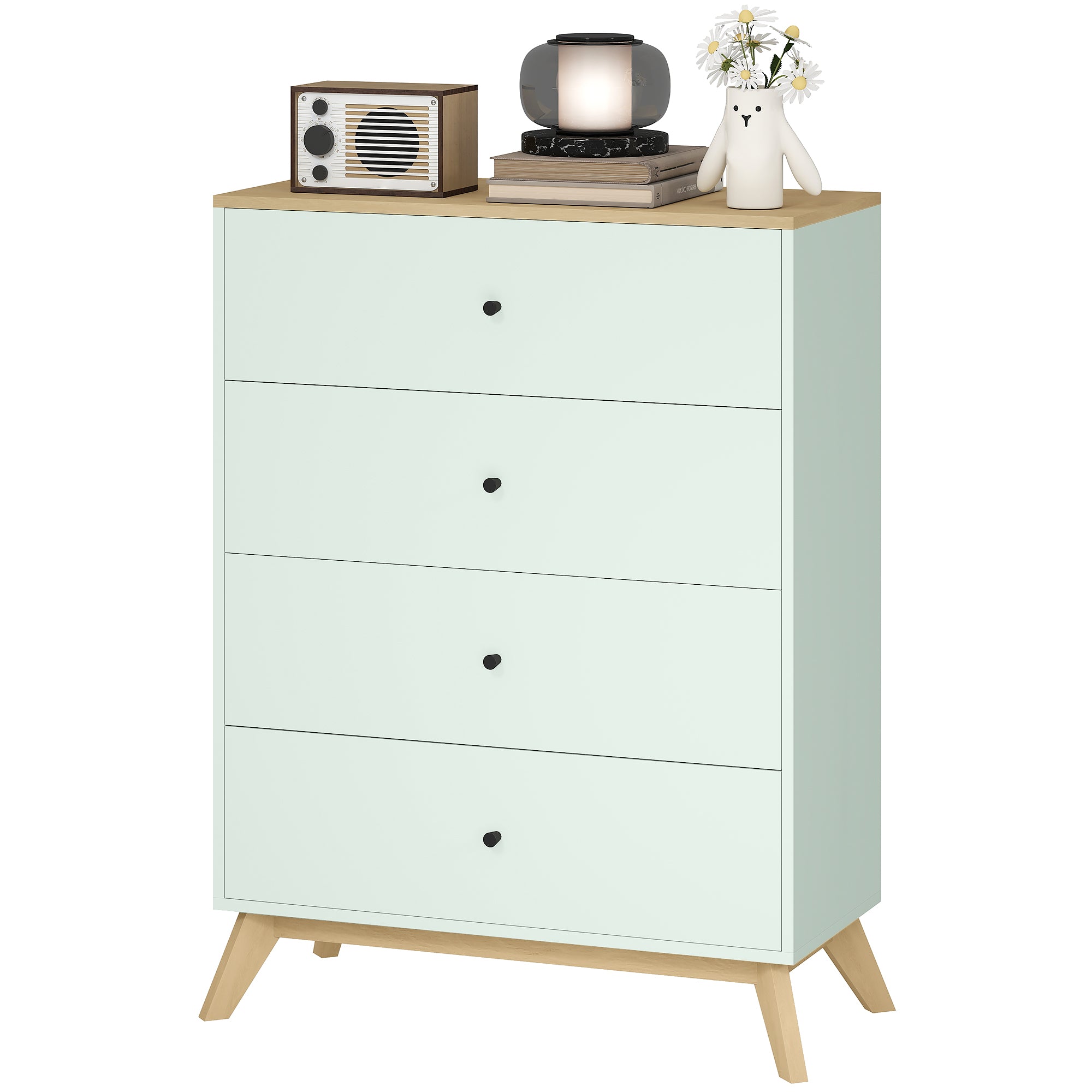 Chest of Drawers, 4 Drawer Storage Cabinet Floor Tower Cupboard for Bedroom Living Room, Light Green and Oak