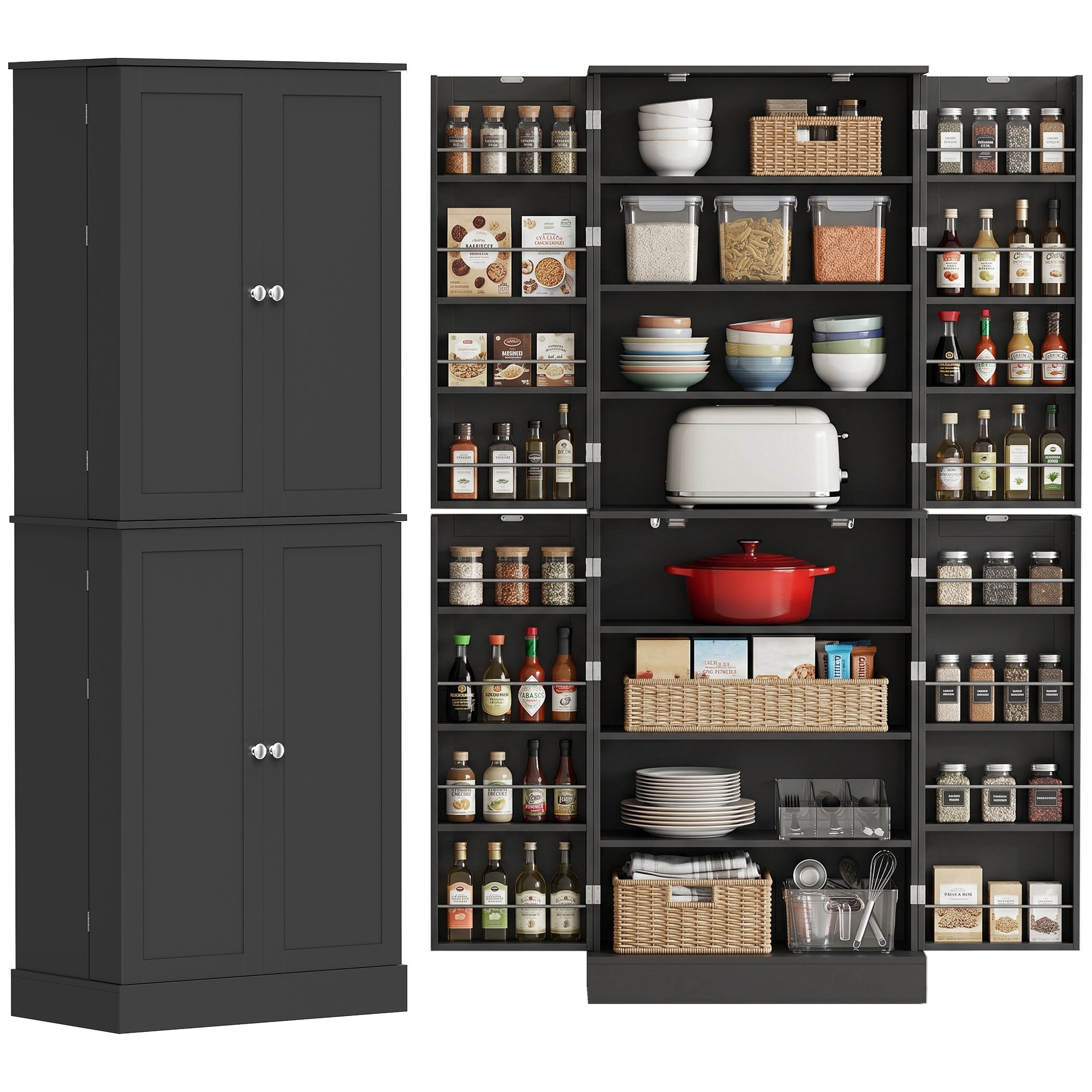 65" Kitchen Pantry Cabinet, Modern Storage Cabinet with Doors and Shelves, Freestanding Cupboard for Dining Room, Black