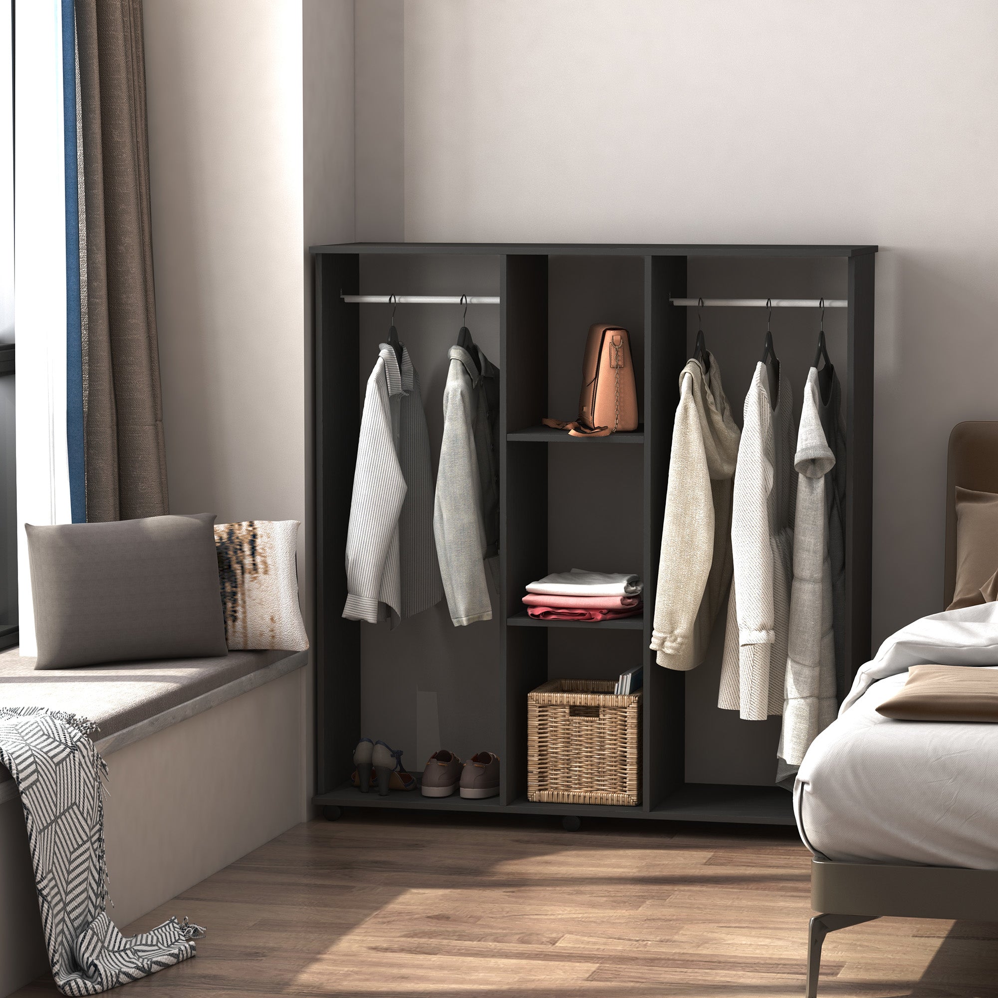 HOMCOM Double Open Wardrobe on Wheels, Bedroom Wardrobe with Clothes Hanging Rails, 3 Storage Shelves, Mobile Garment Rack for Cloakroom, Hallway, Black