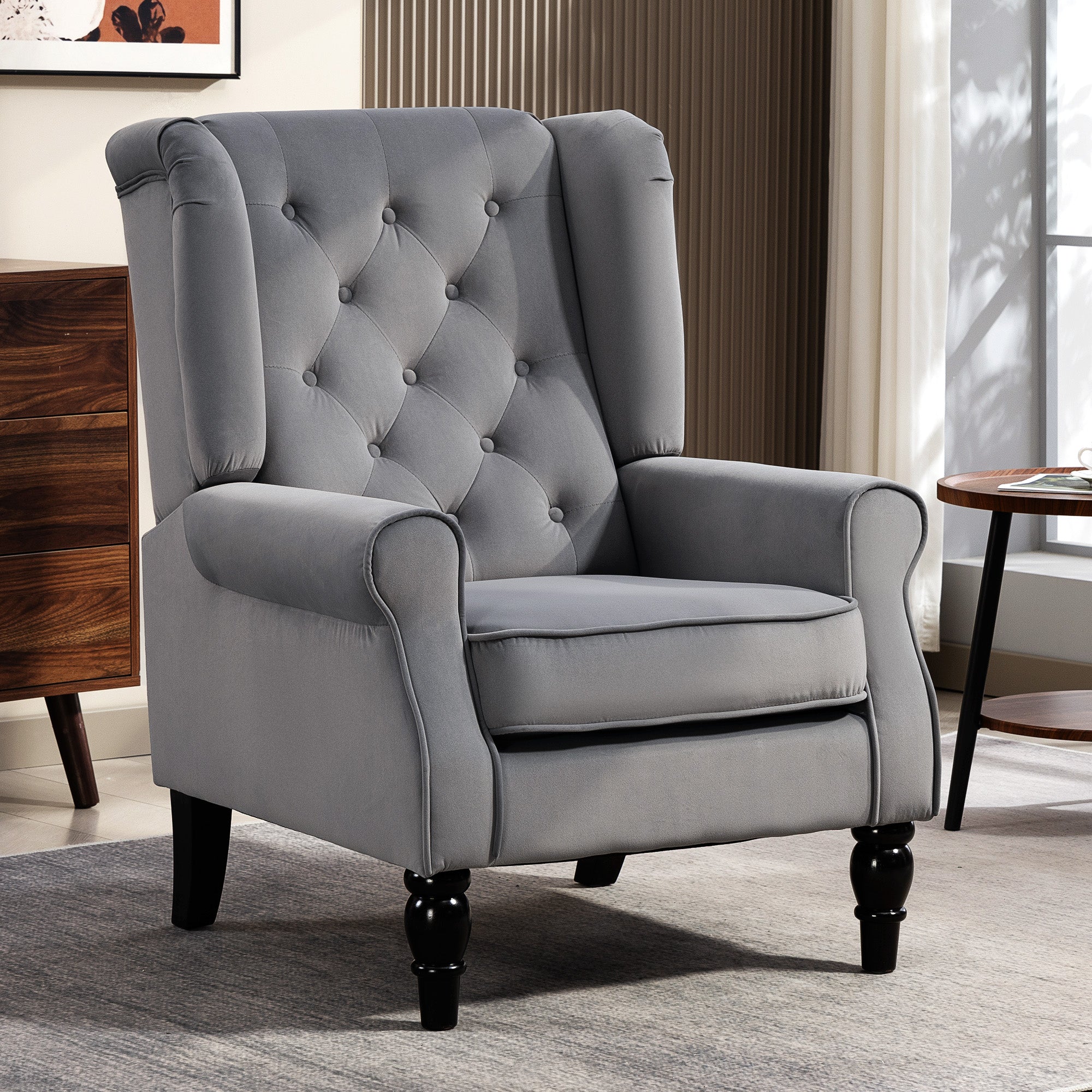 Retro Accent Chair, Velvet Wingback Armchair with Wood Frame Button Tufted Design for Living Room Bedroom, Light Grey