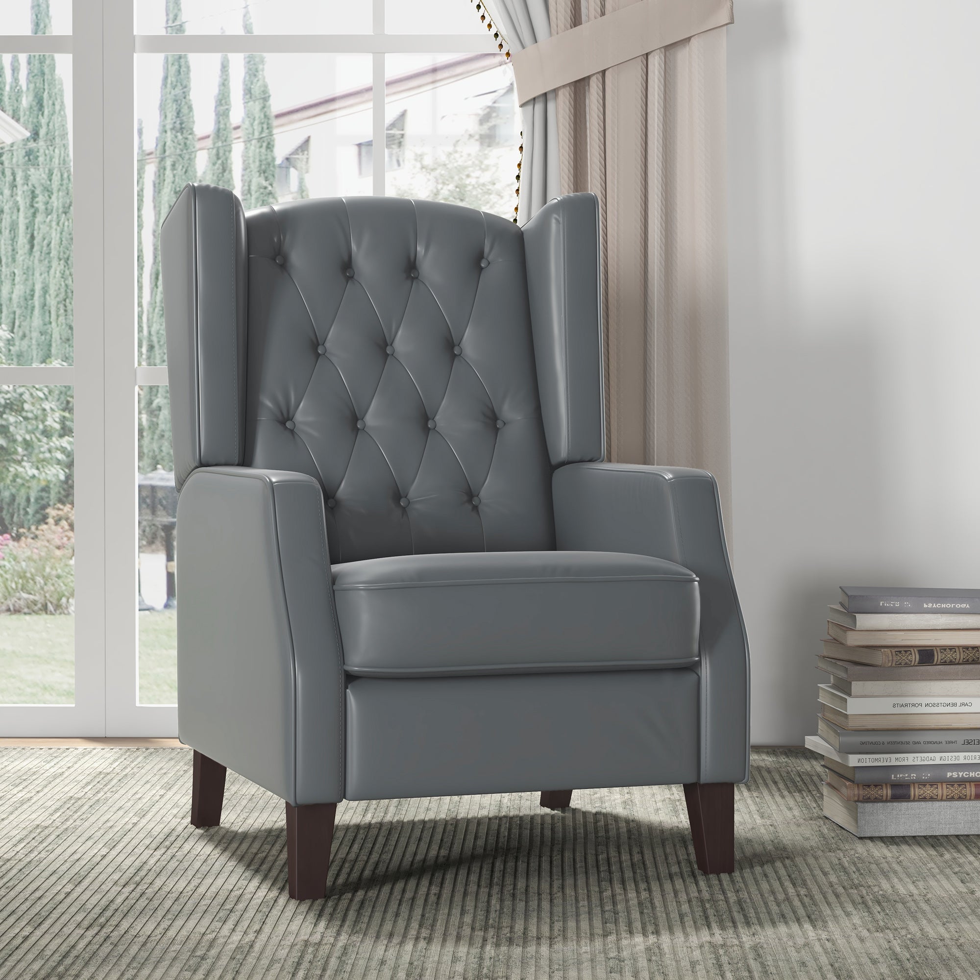 HOMCOM Faux Leather Accent Chair, Upholstered Wingback Armchair, Modern Button Tufted Living Room Chair with Thick Padding, Grey