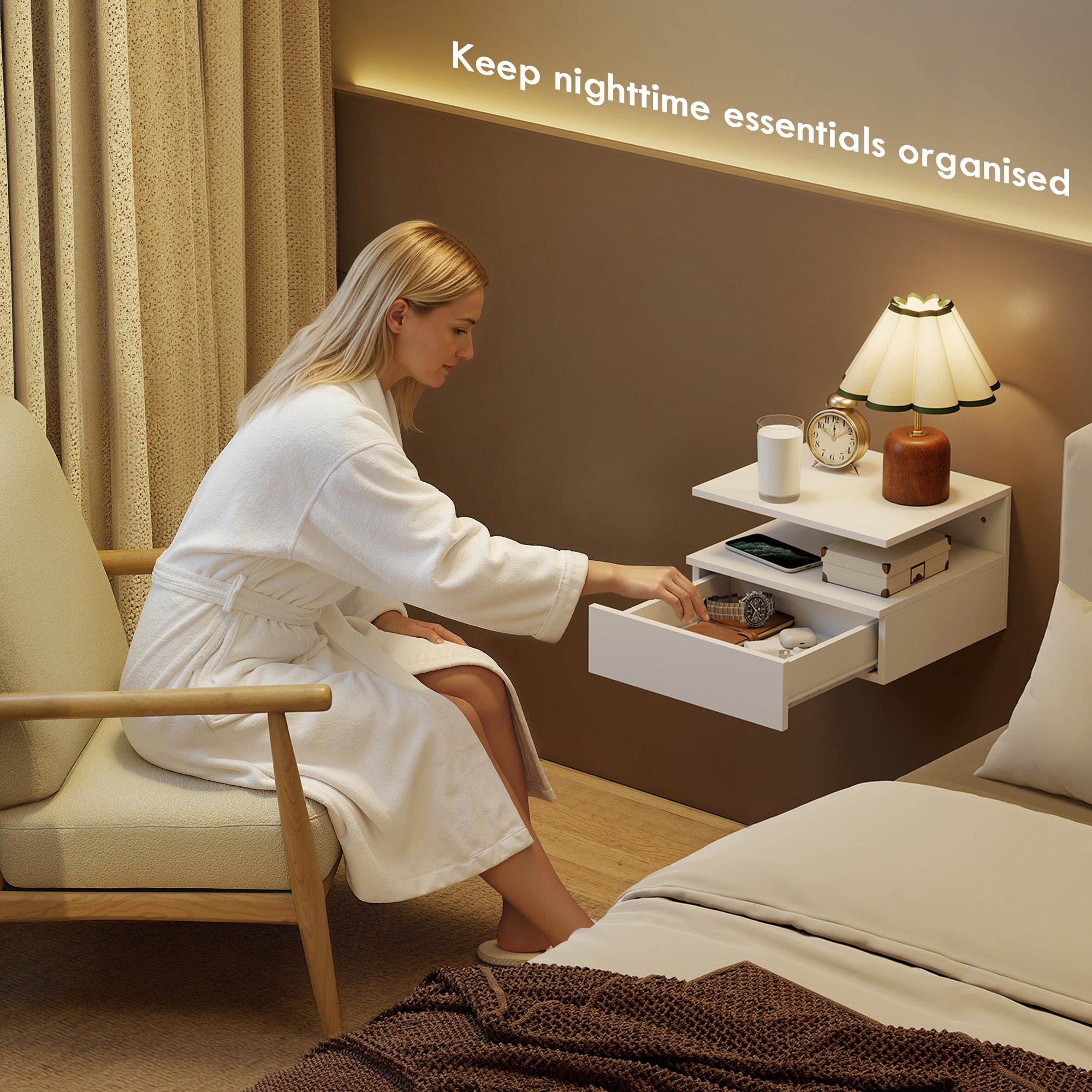 Floating Nightstand Set of 2, Wall Mounted Bedside Table with Power Outlets, Drawer and Open Shelf, Small Night Stand for Bedroom, White