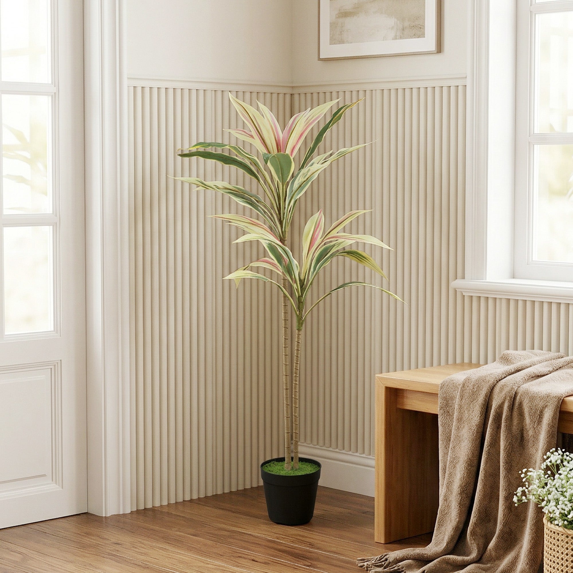 Artificial Cordyline Tree, 90 cm Fake Cordyline Tree with 29 Leaves, Realistic PEVA Faux Plant in Moss Effect Pot for Home Indoor Outdoor Decor, Yellow