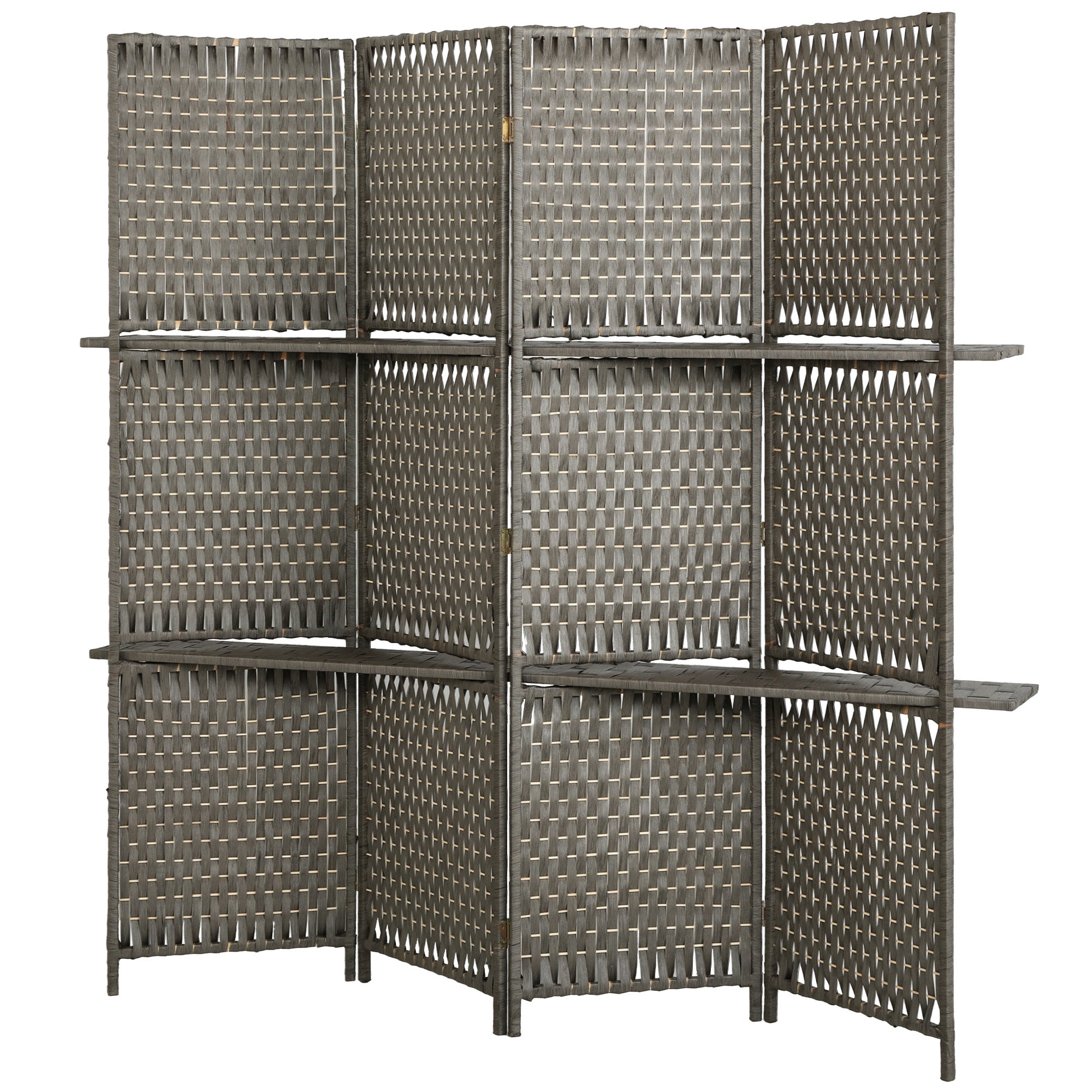 4-Panel Room Divider with Shelves, Wave Fibre Freestanding Folding Privacy Screen Panels, Partition Wall Divider for Indoor Bedroom Office, 180 cm, Grey