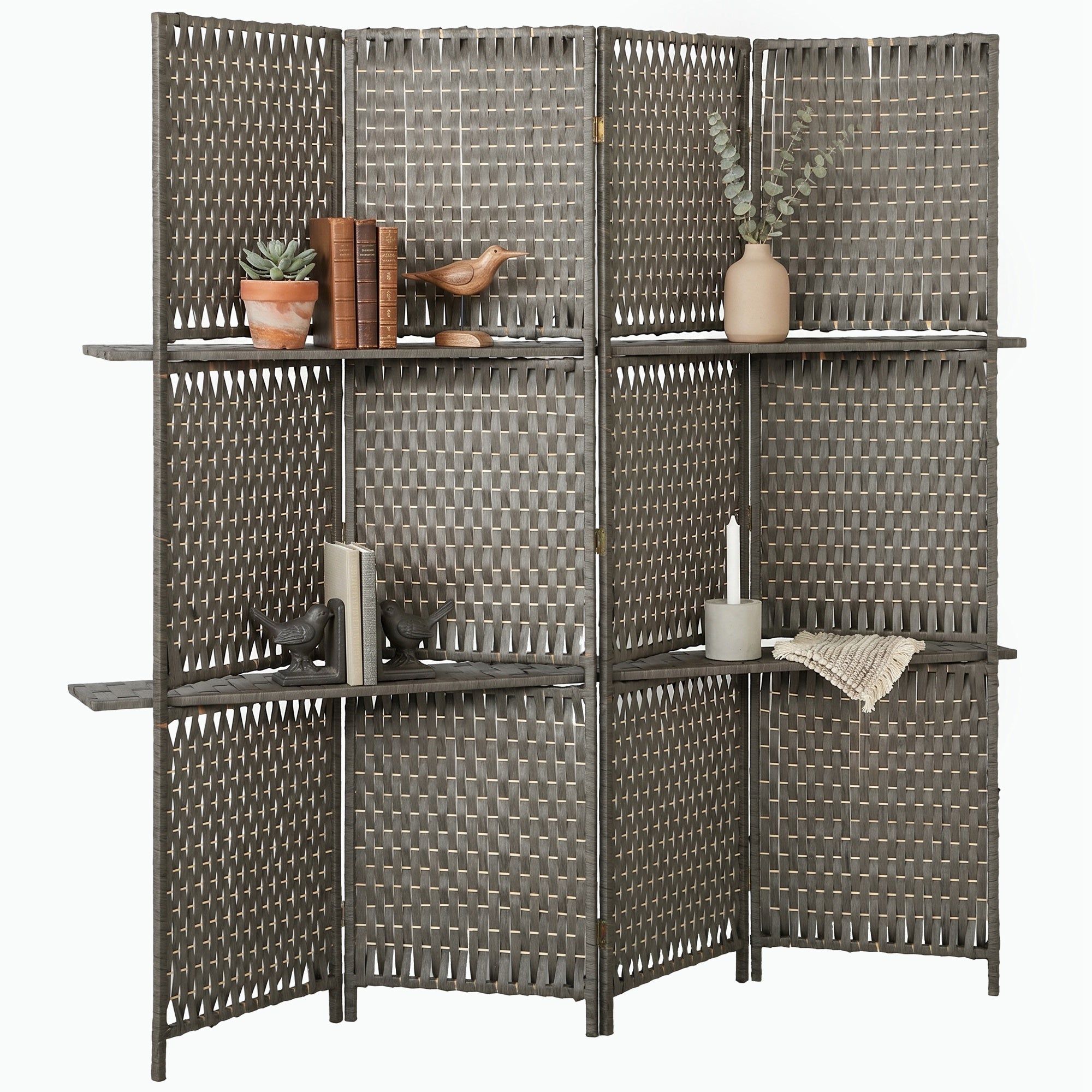 4-Panel Room Divider with Shelves, Wave Fibre Freestanding Folding Privacy Screen Panels, Partition Wall Divider for Indoor Bedroom Office, 180 cm, Grey