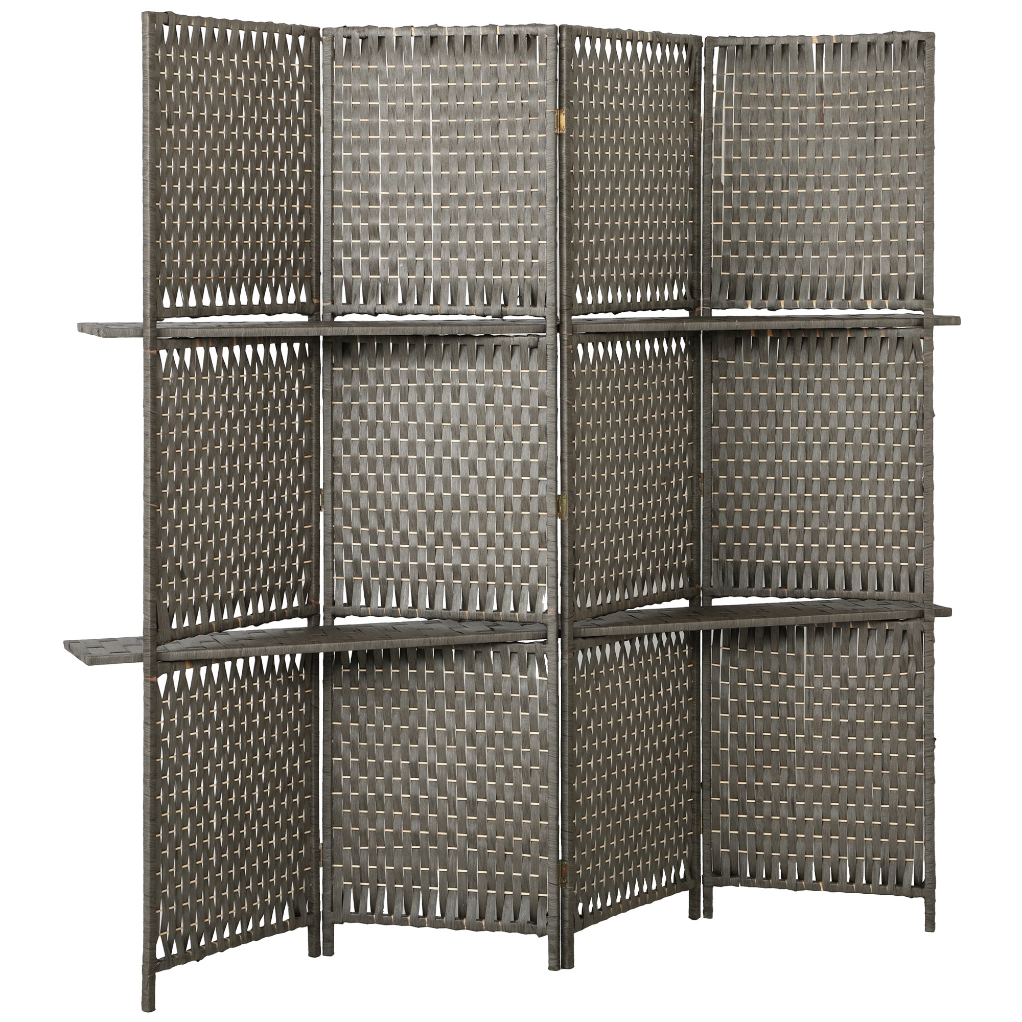 4-Panel Room Divider with Shelves, Wave Fibre Freestanding Folding Privacy Screen Panels, Partition Wall Divider for Indoor Bedroom Office, 180 cm, Grey