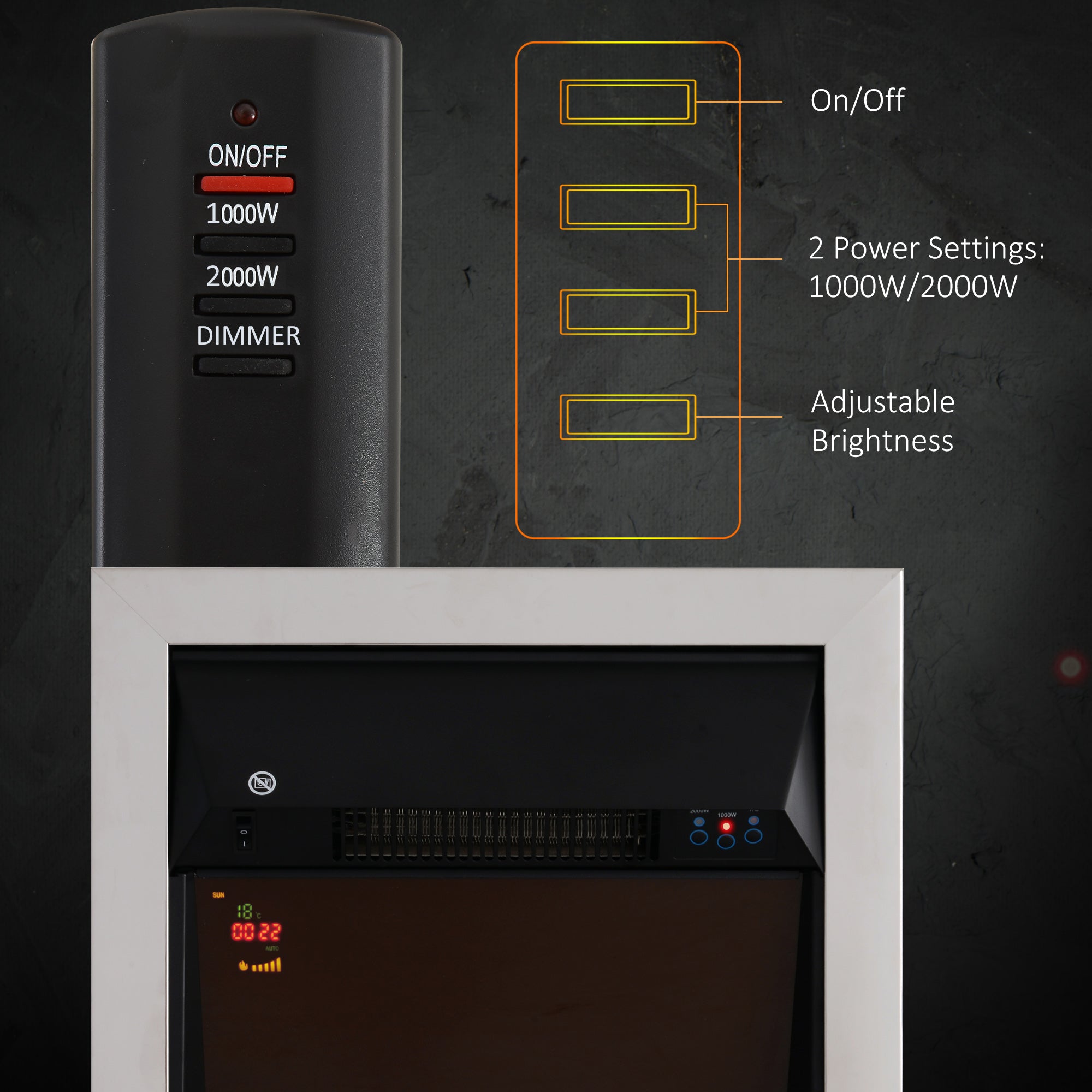 Contemporary Electric Fireplace Coal Burning Flame Effect Inset Fire Place Space Heater Glass View LED Lighting with Remote Control, 1000W/2000W, Silver