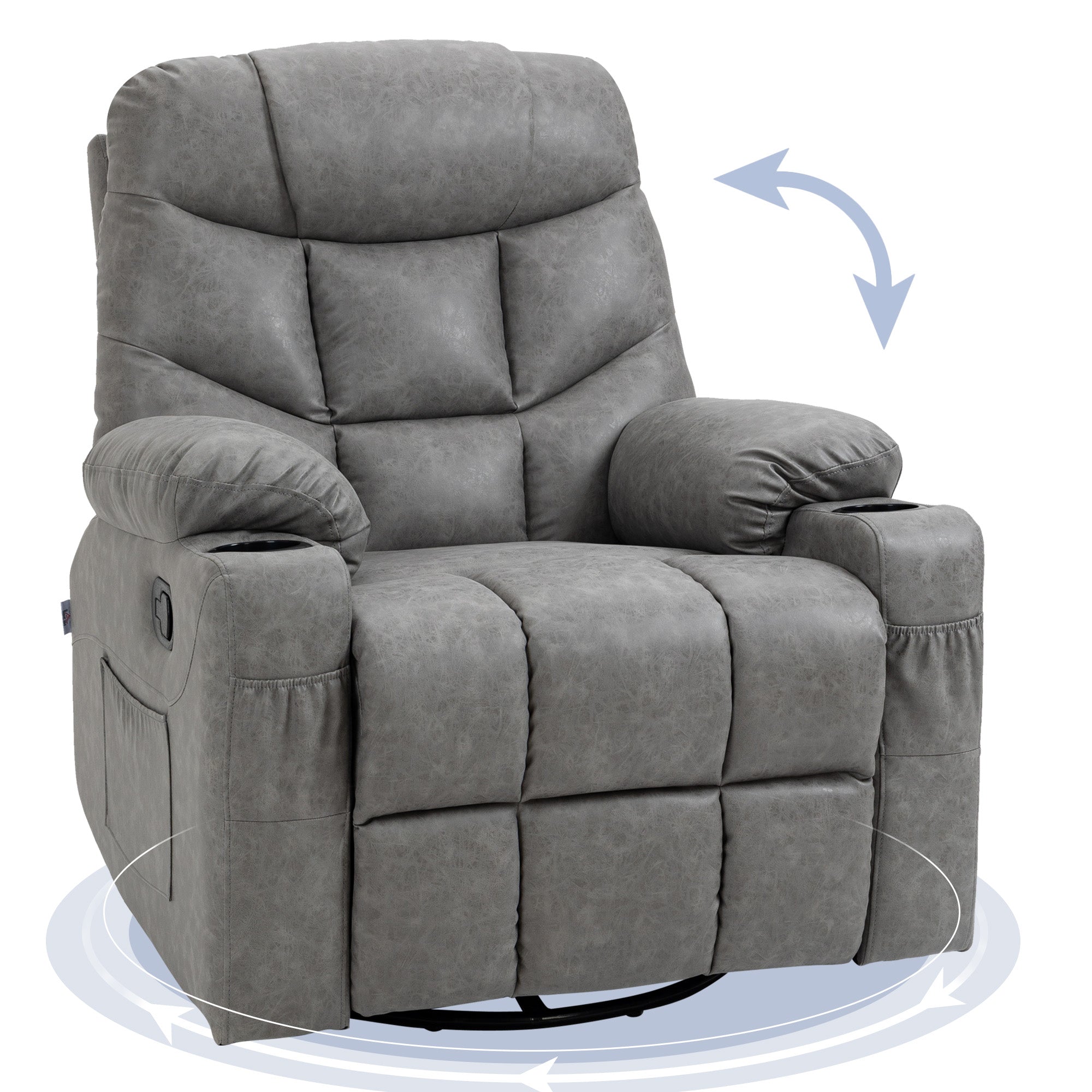 HOMCOM Recliner Armchair, Swivel PU Leather Manual Reclining Chair with Adjustable Leg Rest, Drink Holders, Side Pockets, Rocker Chair for Home Living Room, Light Grey