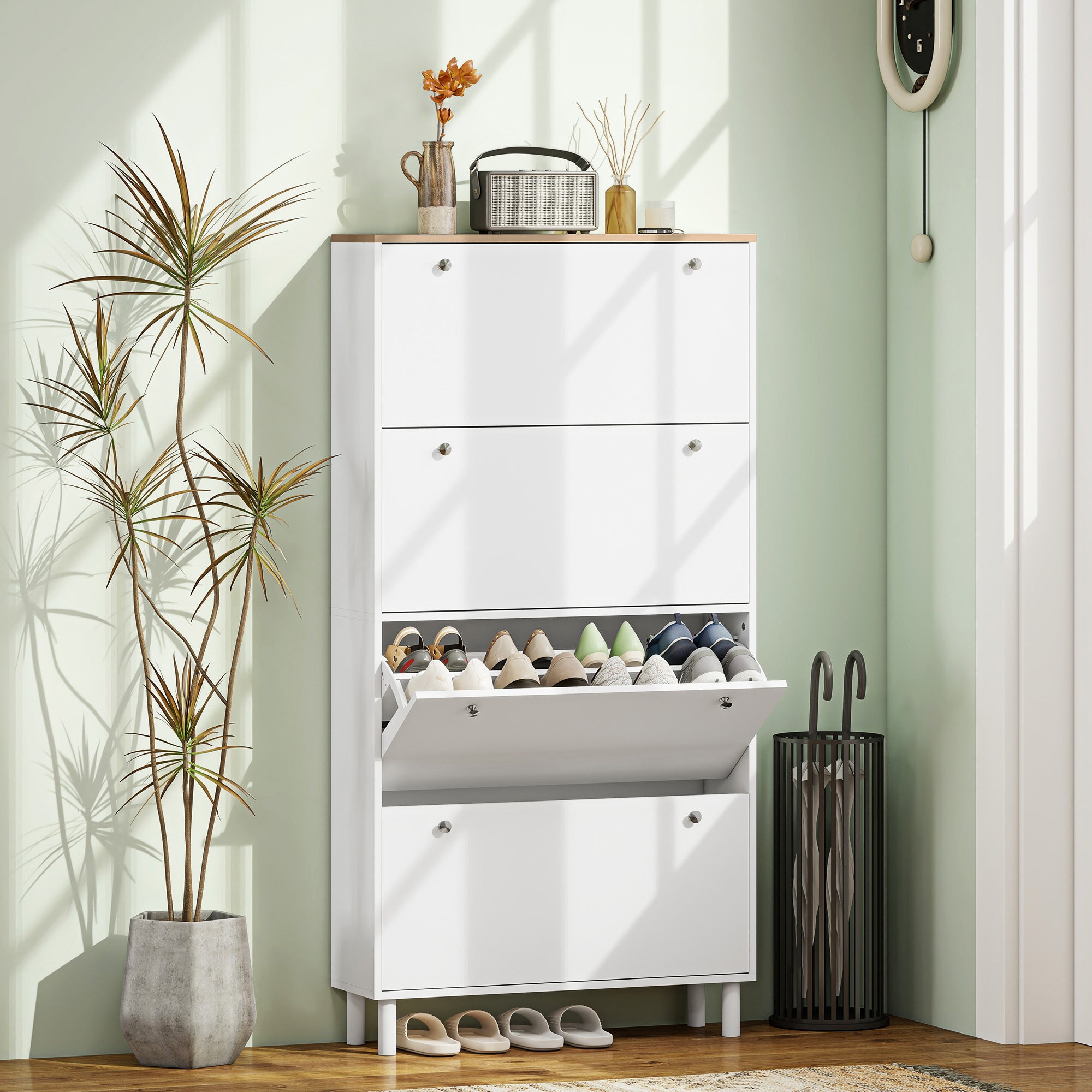 Narrow Shoe Cabinet with 4 Flip Drawers, Slim Shoe Storage Cabinet with Adjustable Shelves for Entryway Hallway, Holds 24–32 Pairs, White