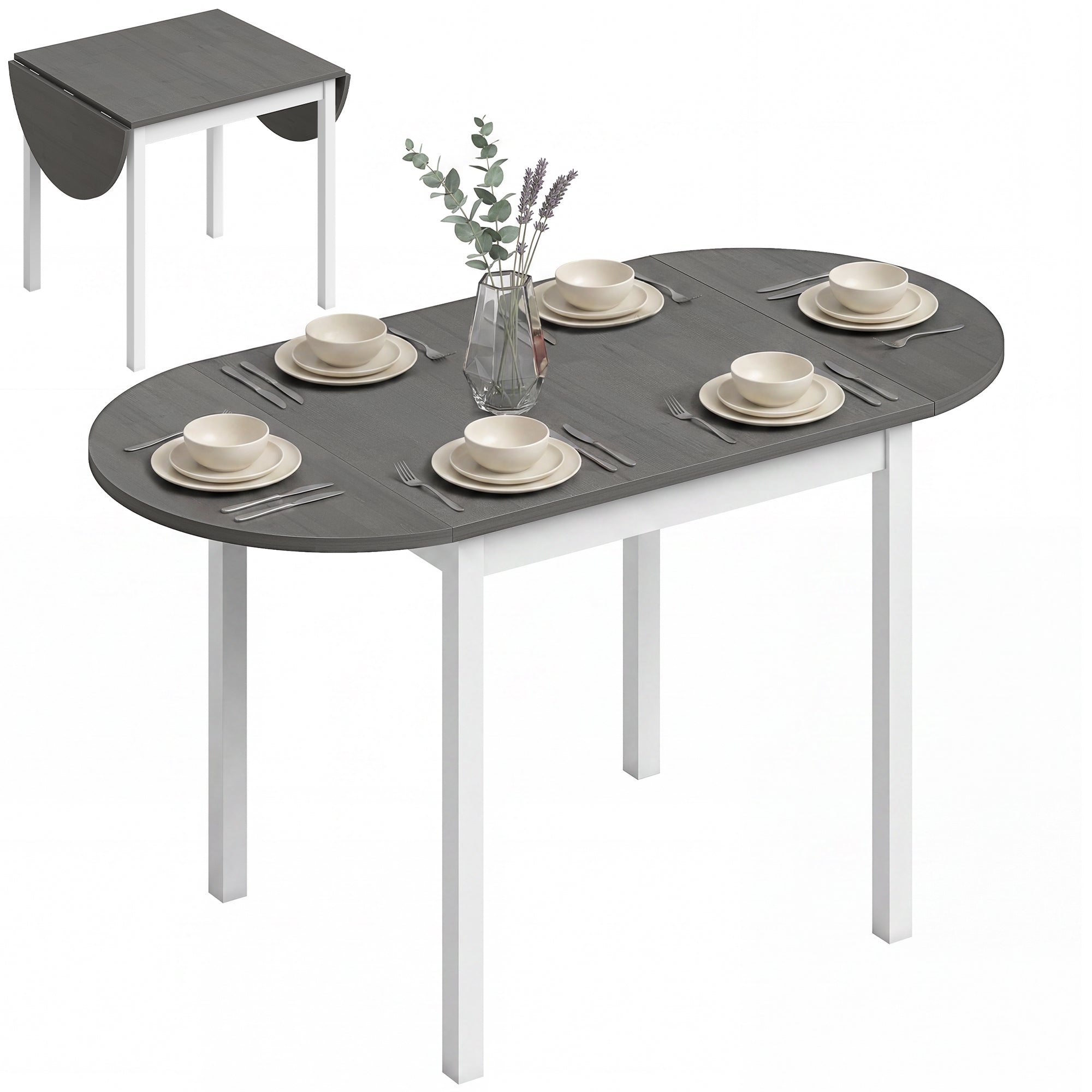 Folding Dining Table for 4-6 People, 140 cm Oval Solid Wood Drop Leaf Table, Kitchen Table for Small Spaces, Dining Room, Living Room, Grey