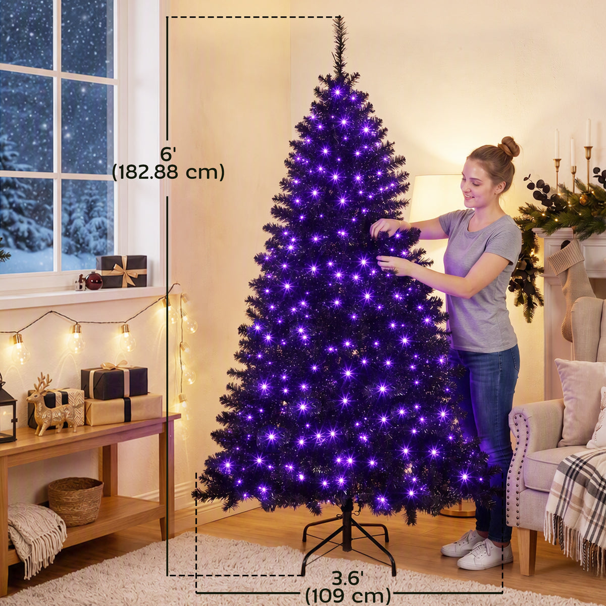 6ft Pre-lit Black Christmas Tree, Artificial Halloween Tree with 680 Purple LED Lights, 680 Tips, Metal Stand, Black