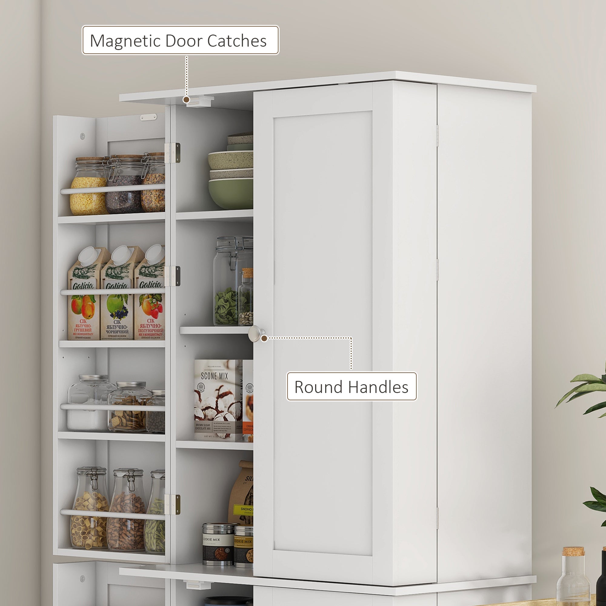 65" Kitchen Pantry Cabinet, Modern Kitchen Pantry with Doors and Shelves, Freestanding Buffet Storage Cabinet with Spice Racks for Dining Room, White
