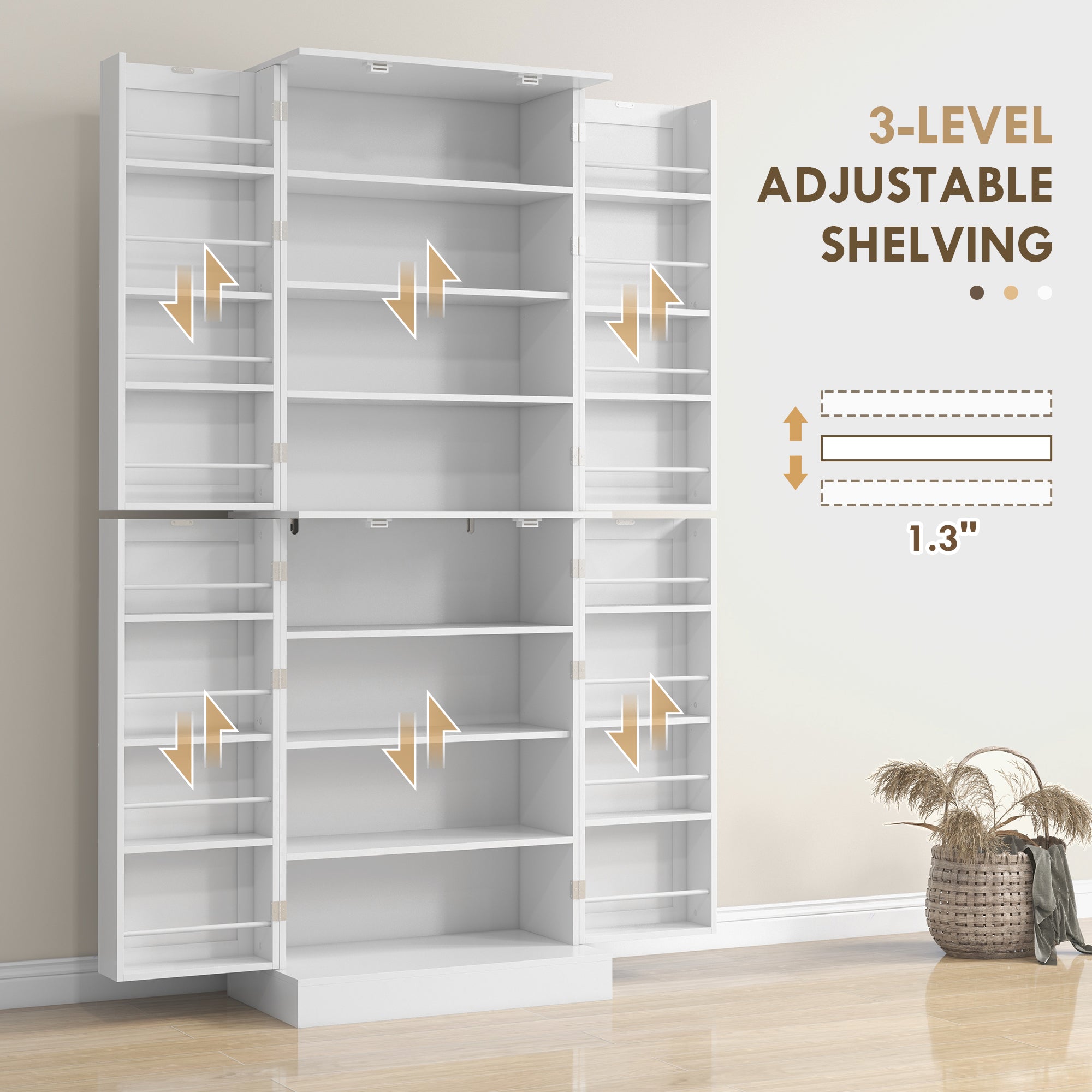 65" Kitchen Pantry Cabinet, Modern Kitchen Pantry with Doors and Shelves, Freestanding Buffet Storage Cabinet with Spice Racks for Dining Room, White
