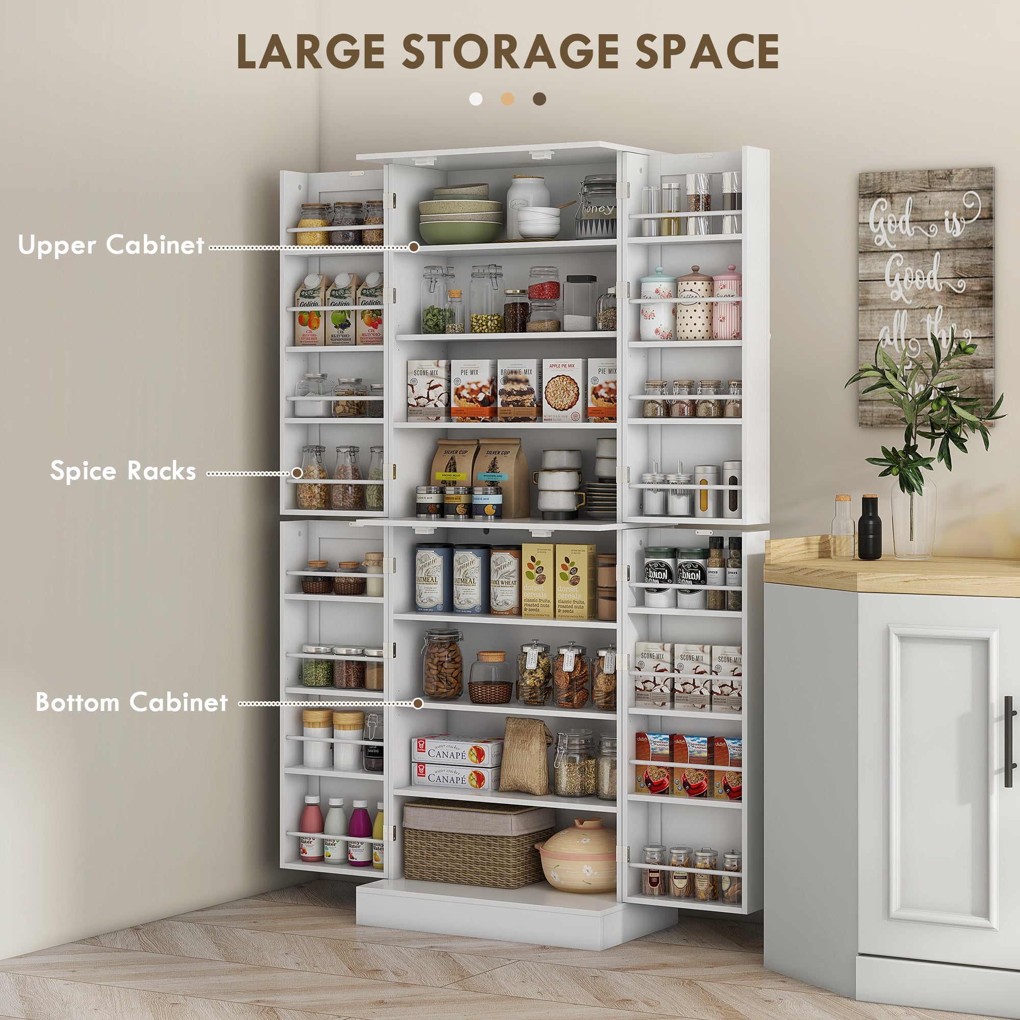 65" Kitchen Pantry Cabinet, Modern Kitchen Pantry with Doors and Shelves, Freestanding Buffet Storage Cabinet with Spice Racks for Dining Room, White
