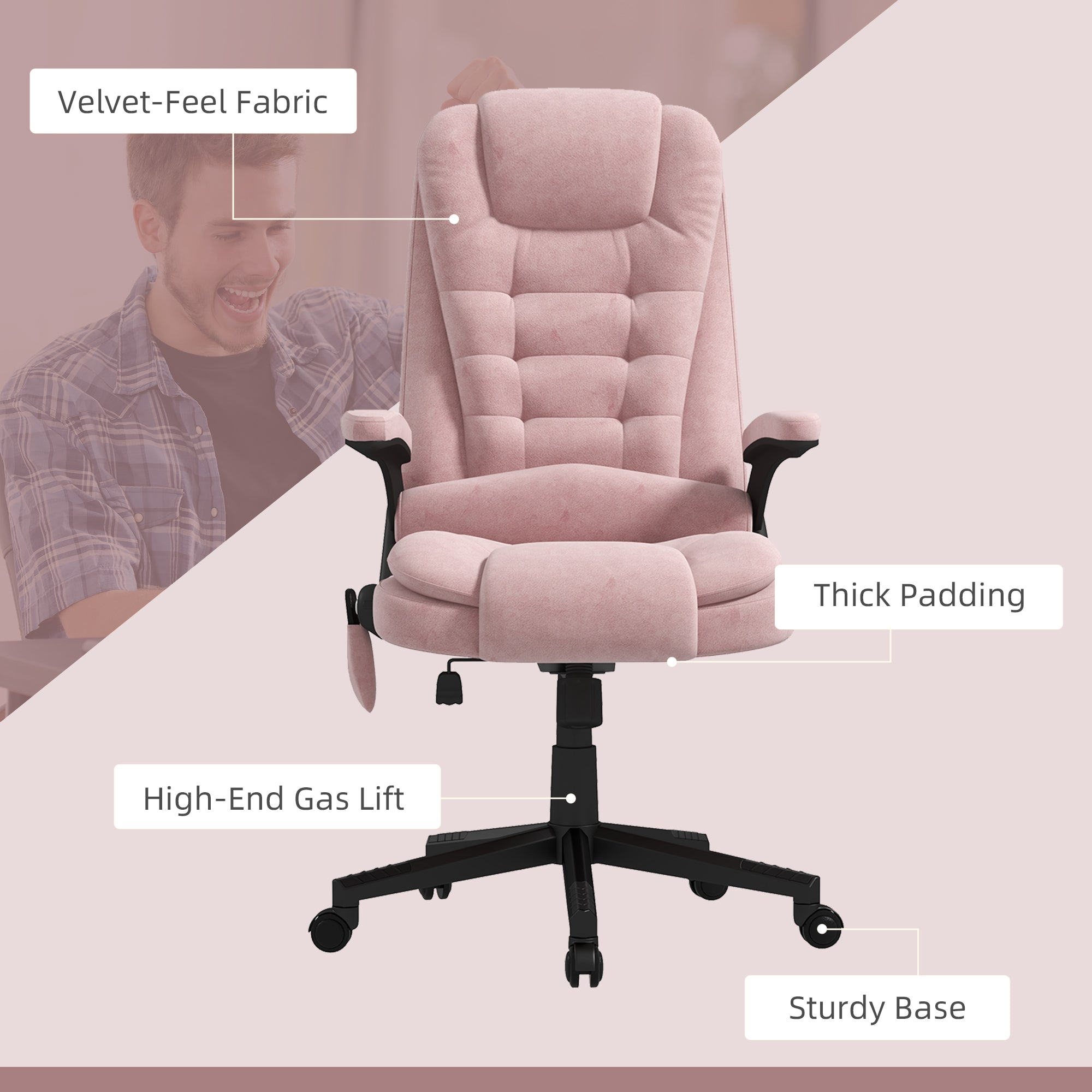 6 Points Heated Executive Office Chair, Velvet High Back Massage Office Chair, Pink