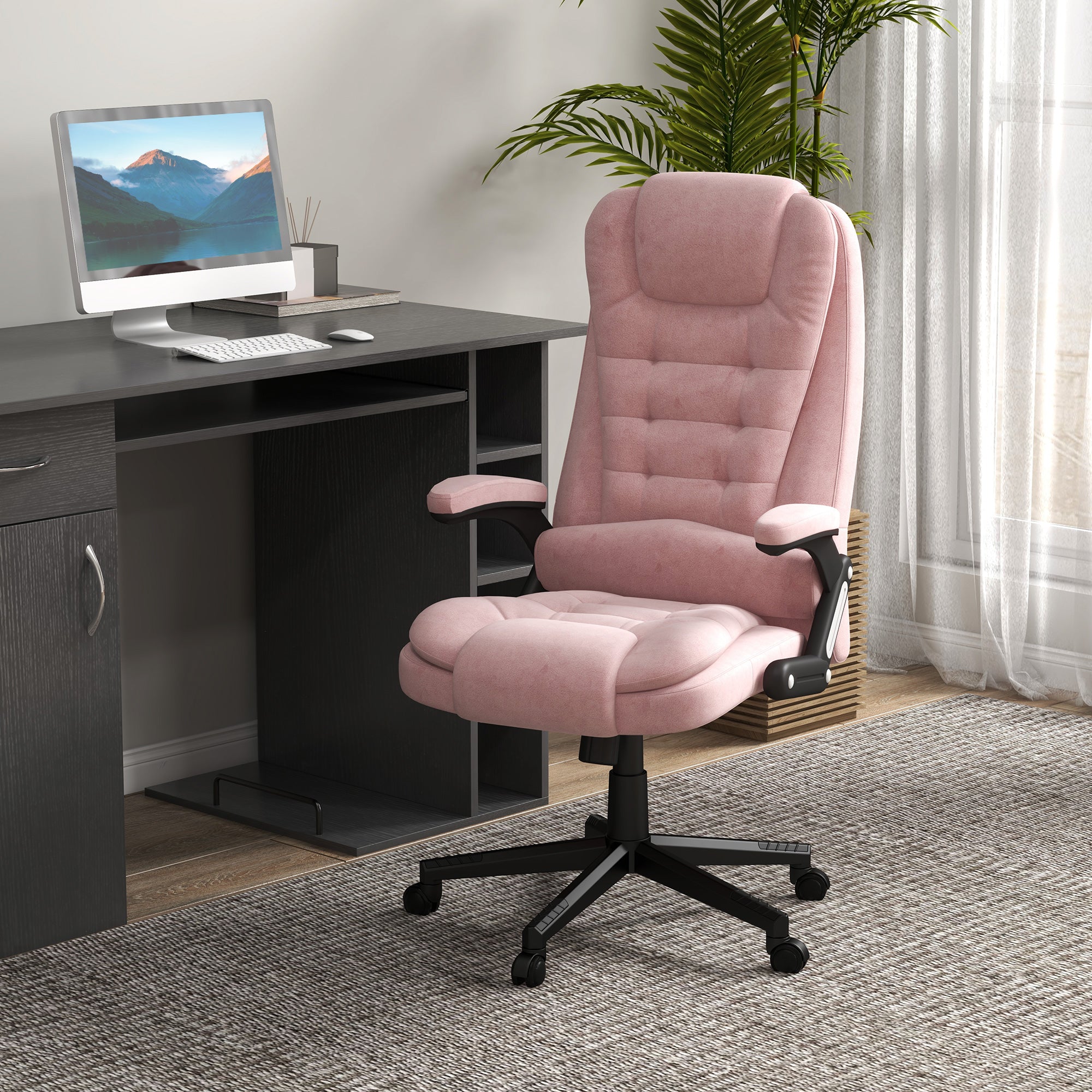 6 Points Heated Executive Office Chair, Velvet High Back Massage Office Chair, Pink