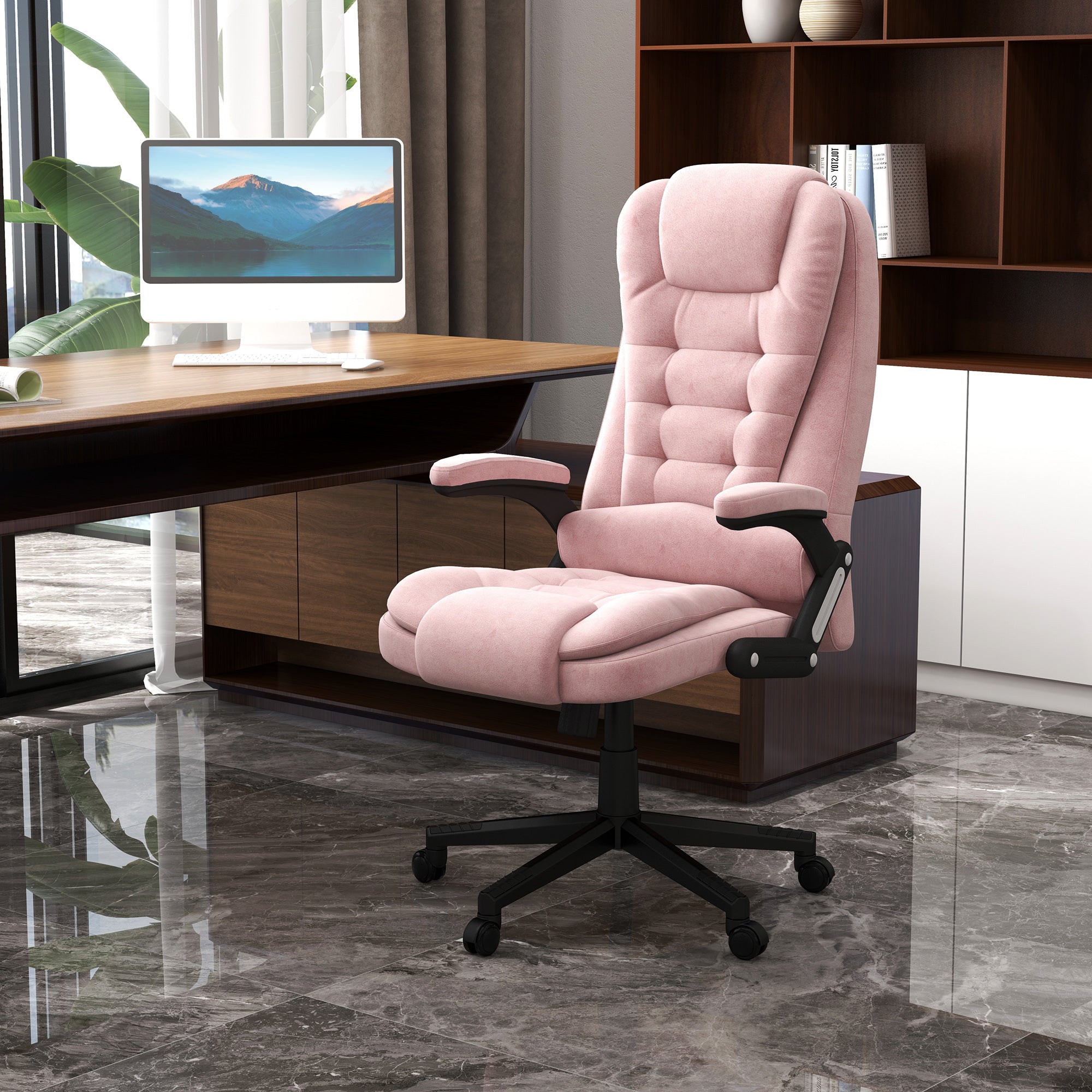 6 Points Heated Executive Office Chair, Velvet High Back Massage Office Chair, Pink