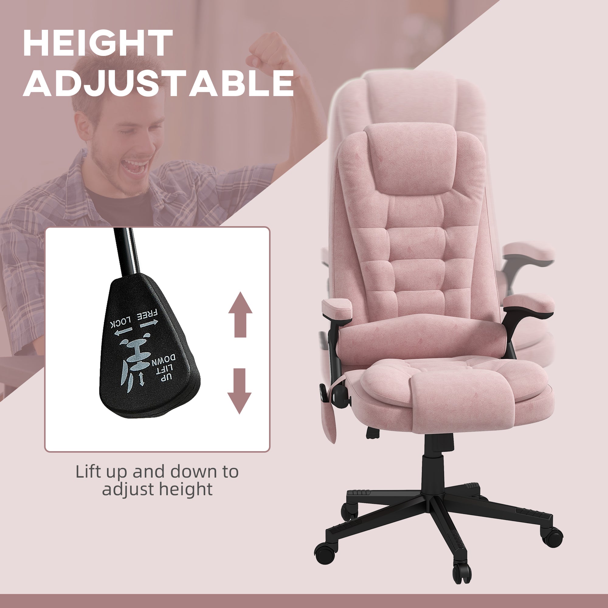 6 Points Heated Executive Office Chair, Velvet High Back Massage Office Chair, Pink