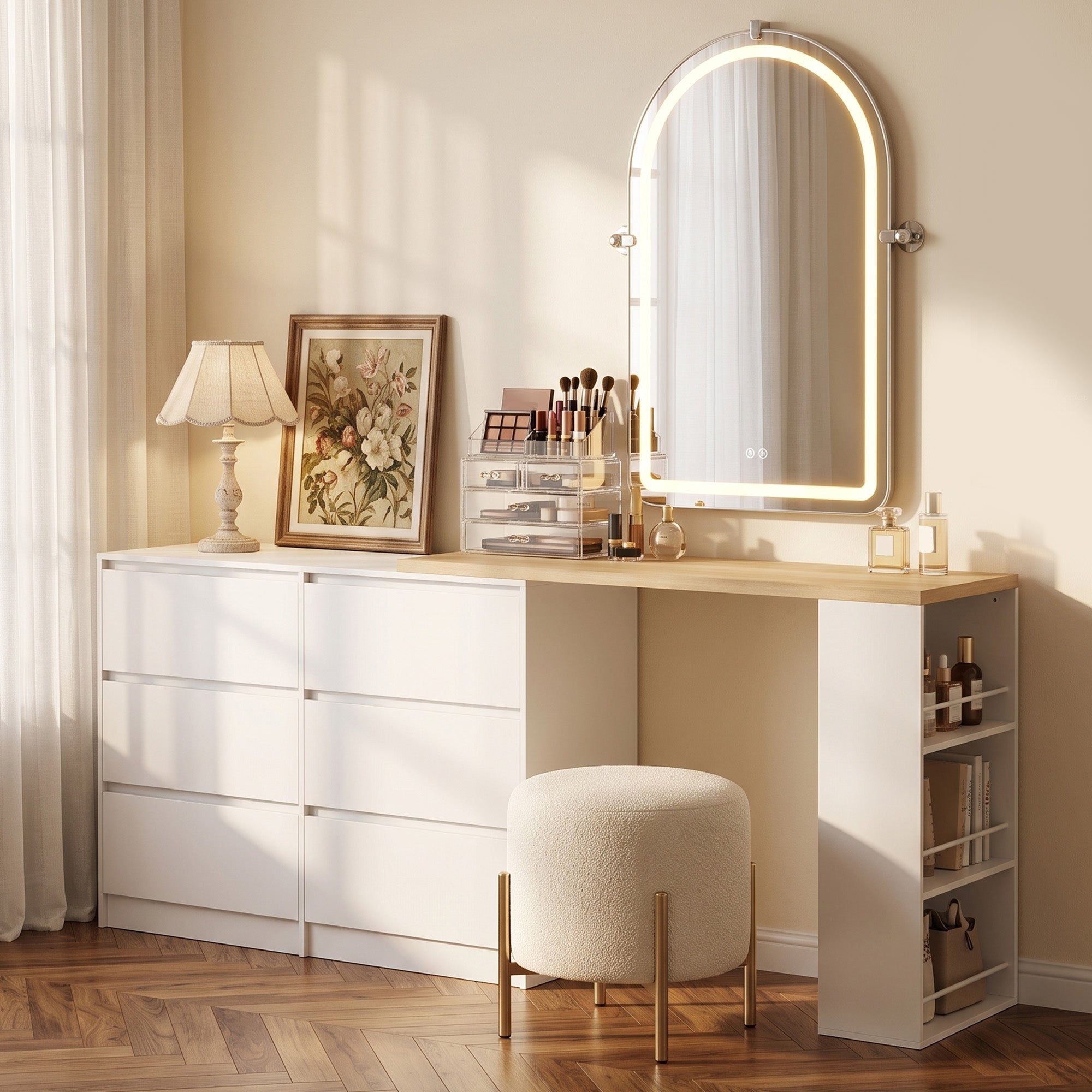 Dressing Table with 6 Drawers, 3-Tier Shelf, Straight or L-Shaped Layout, Makeup Desk for Bedroom, White