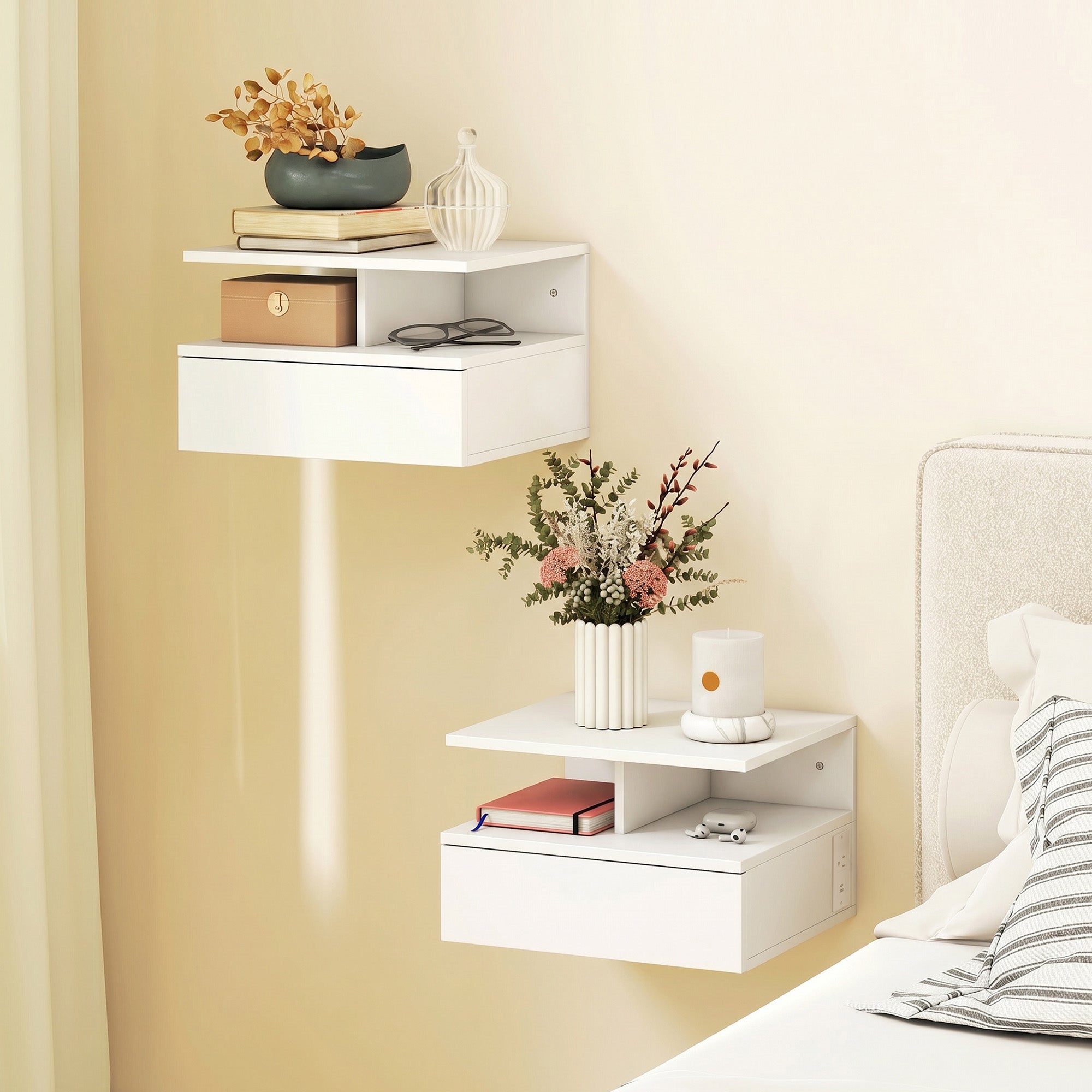 Floating Nightstand Set of 2, Wall Mounted Bedside Table with Power Outlets, Drawer and Open Shelf, Small Night Stand for Bedroom, White