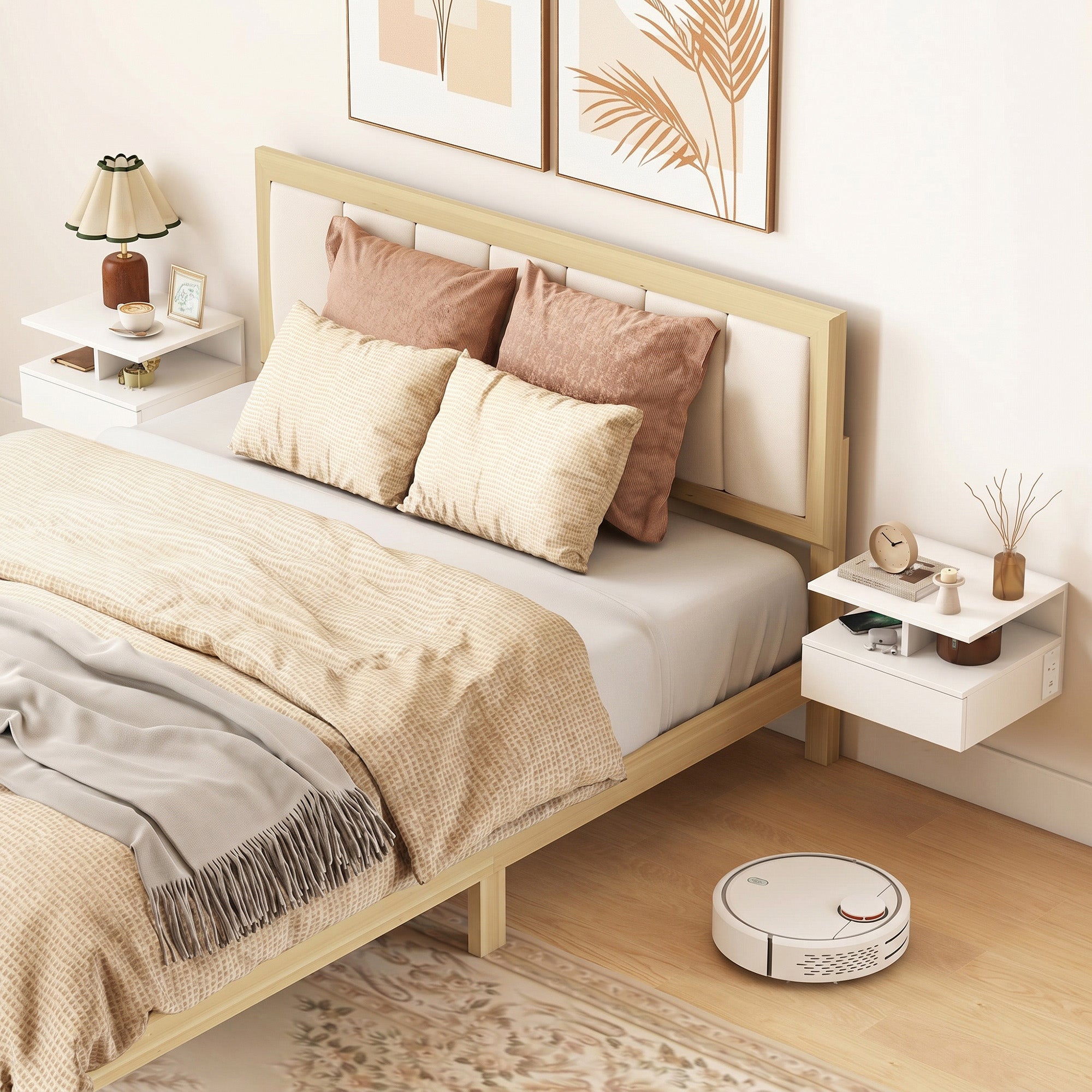 Floating Nightstand Set of 2, Wall Mounted Bedside Table with Power Outlets, Drawer and Open Shelf, Small Night Stand for Bedroom, White
