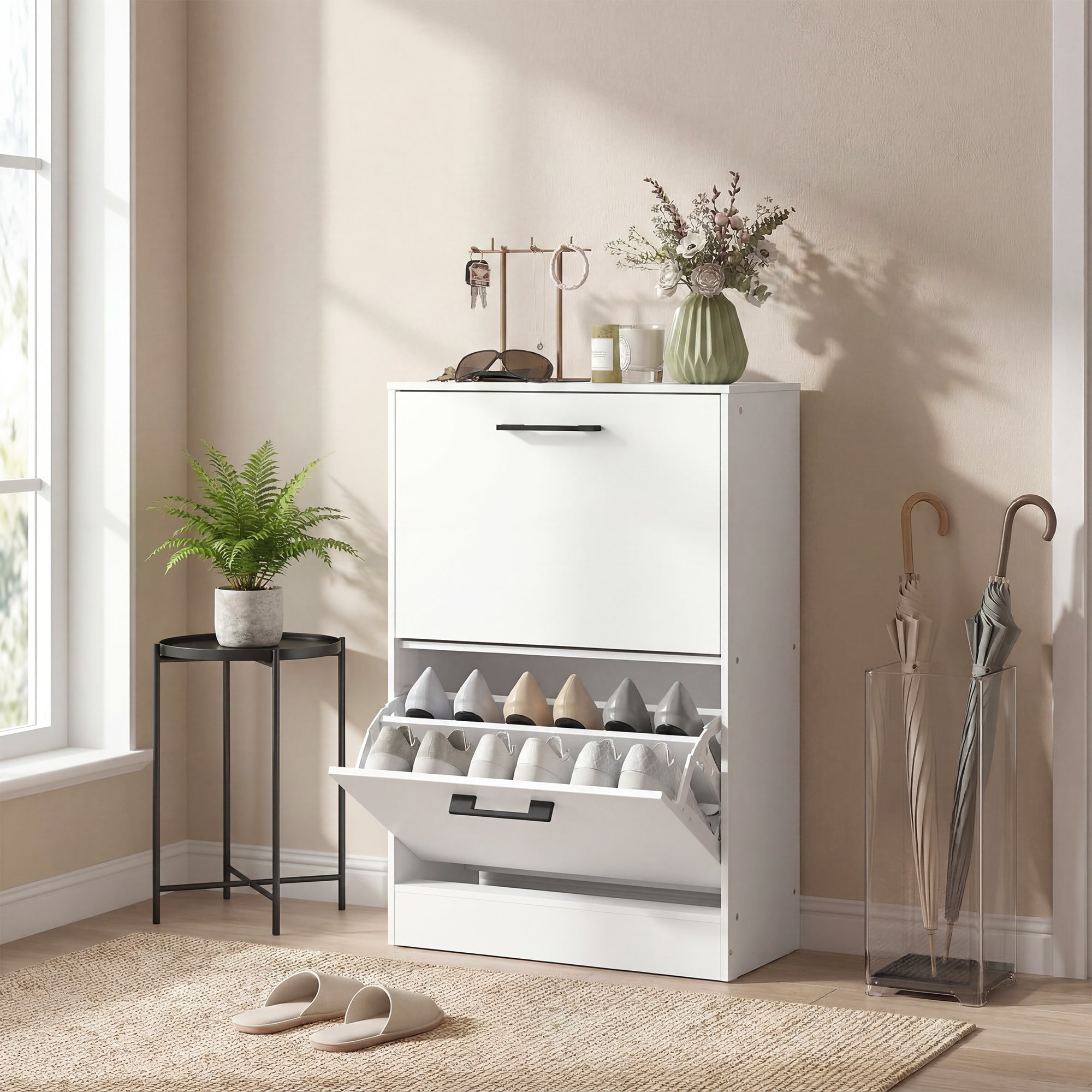 Shoe Cabinet with 2 Flip Drawers, Modern Narrow Shoe Storage Cabinet with Adjustable Dividers, Entryway Storage Unit for up to 12 Pairs for Hallway, Living Room, White