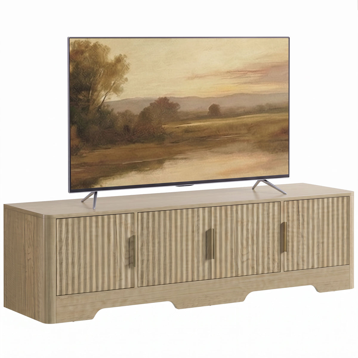TV Stand for TVs up to 60", Modern Entertainment Center with Fluted Doors, Media Console Table with 3 Cabinets, Adjustable Shelf and Cable Management for Living Room, Oak