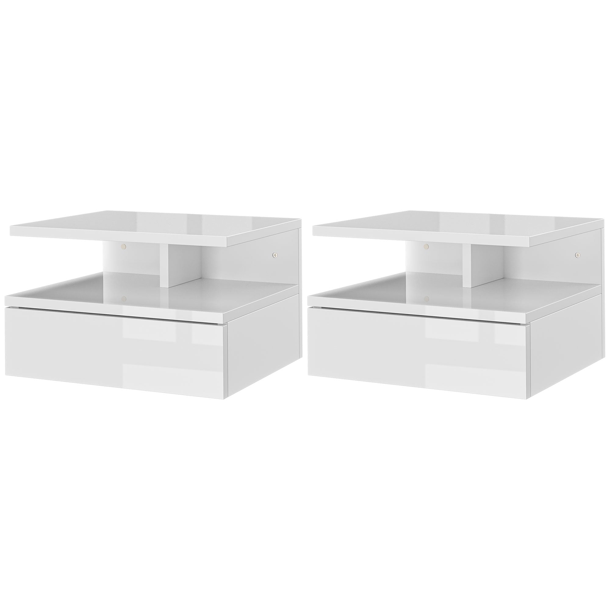 HOMCOM Floating Bedside Table Set of 2, Wall Mount Nightstands with Storage Drawer and Open Shelf for Bedroom, High Gloss White
